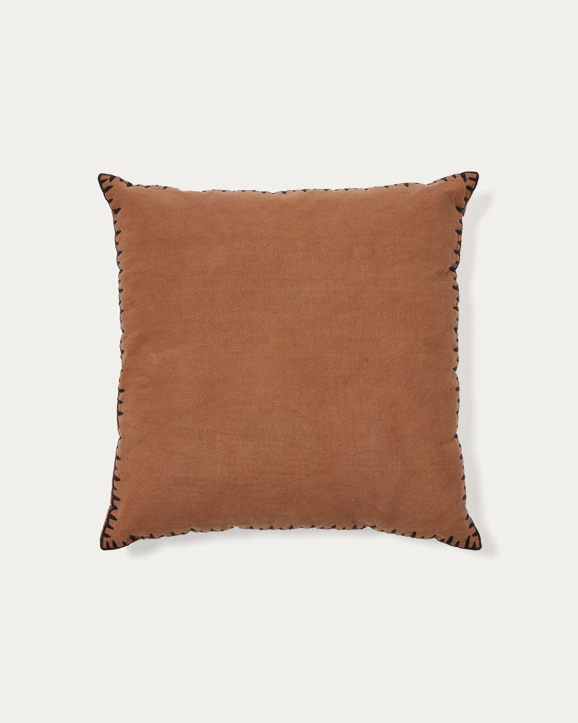 Satol cushion cover in brown cotton with black embroidery feature, 45 x 45 cm