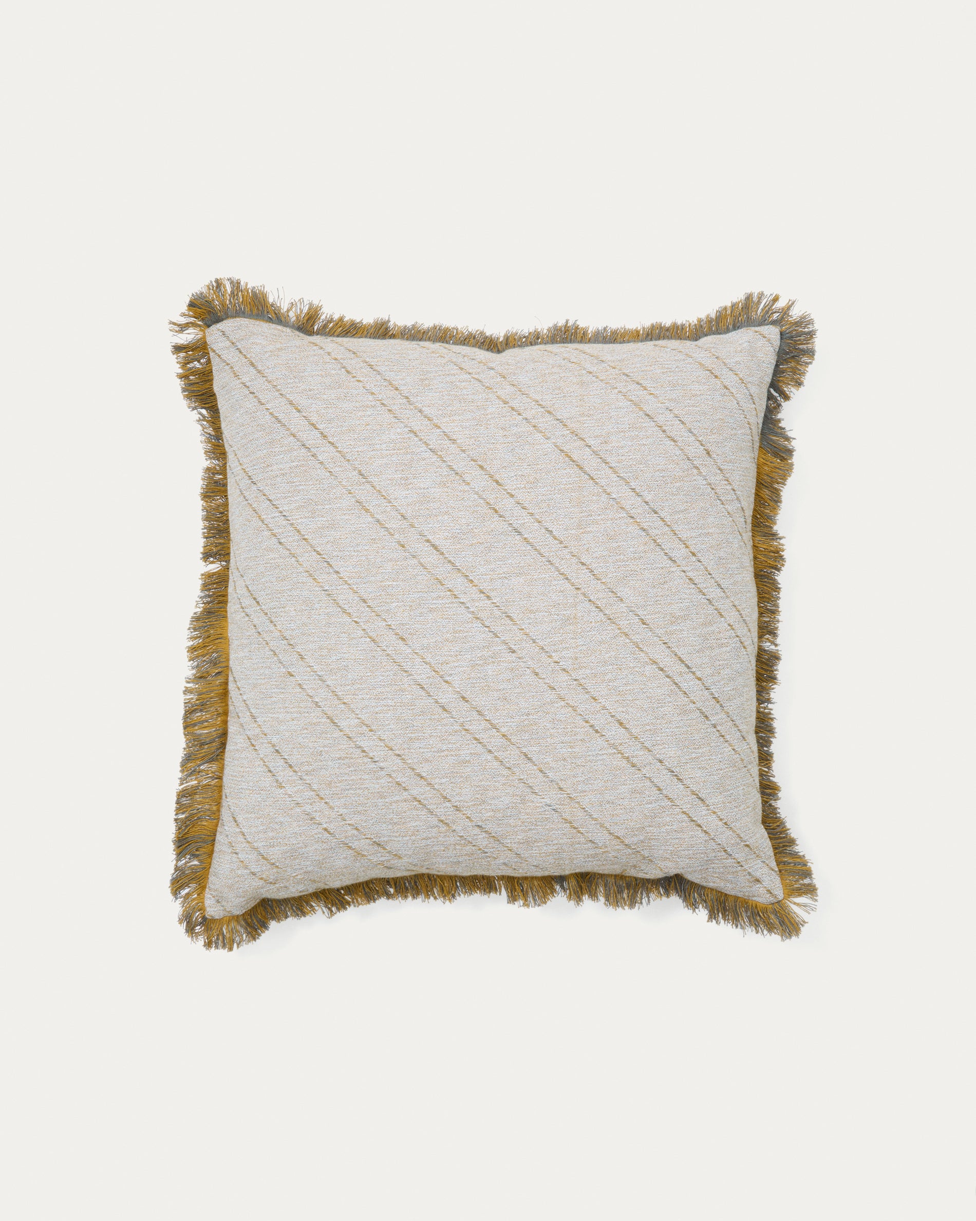 Cral beige jacquard, cotton cushion cover with multi-coloured fringe, 45 x 45 cm - Product View