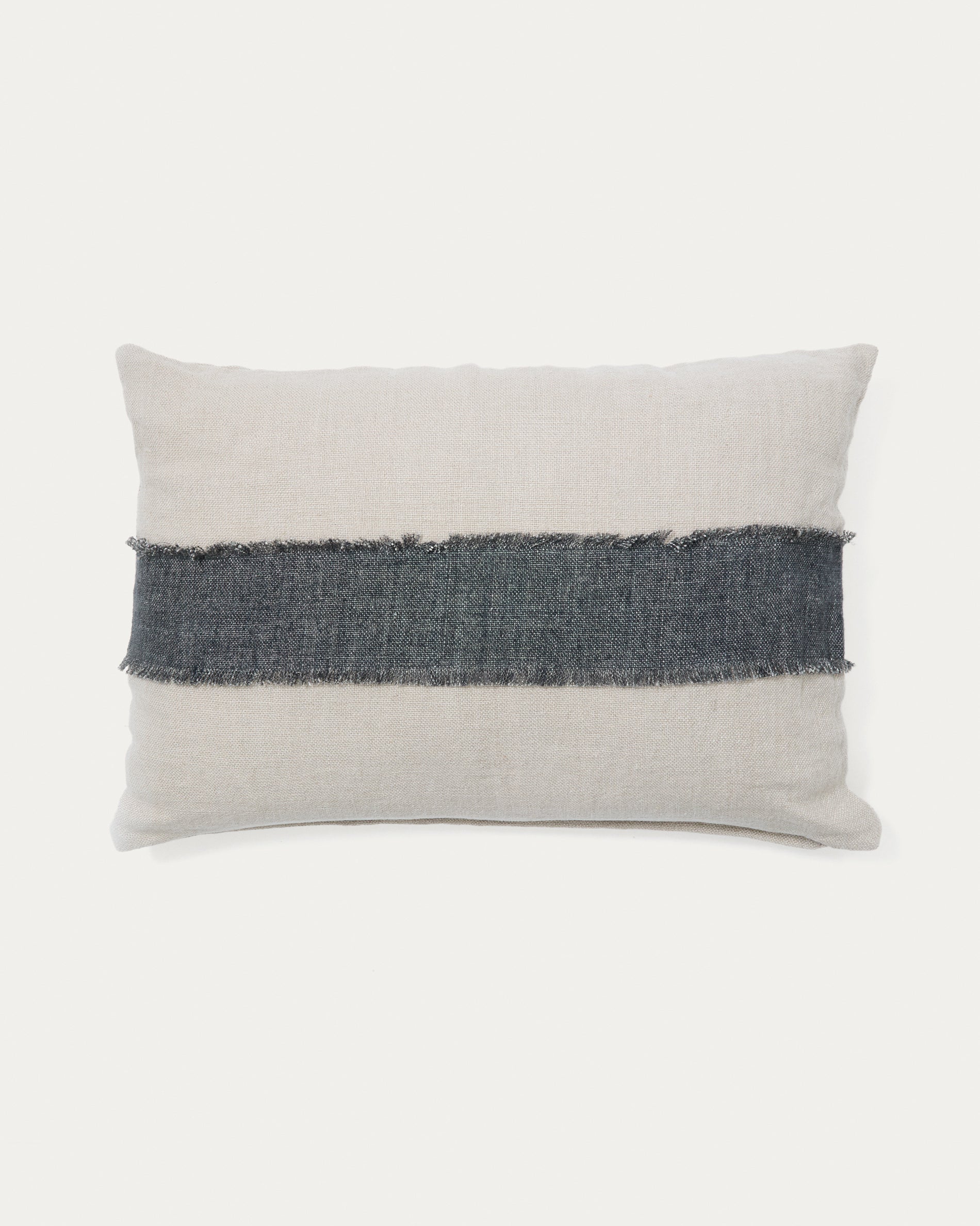 Daf 100% linen cushion cover in beige and grey with fringes, 40 x 60 cm - Product Image