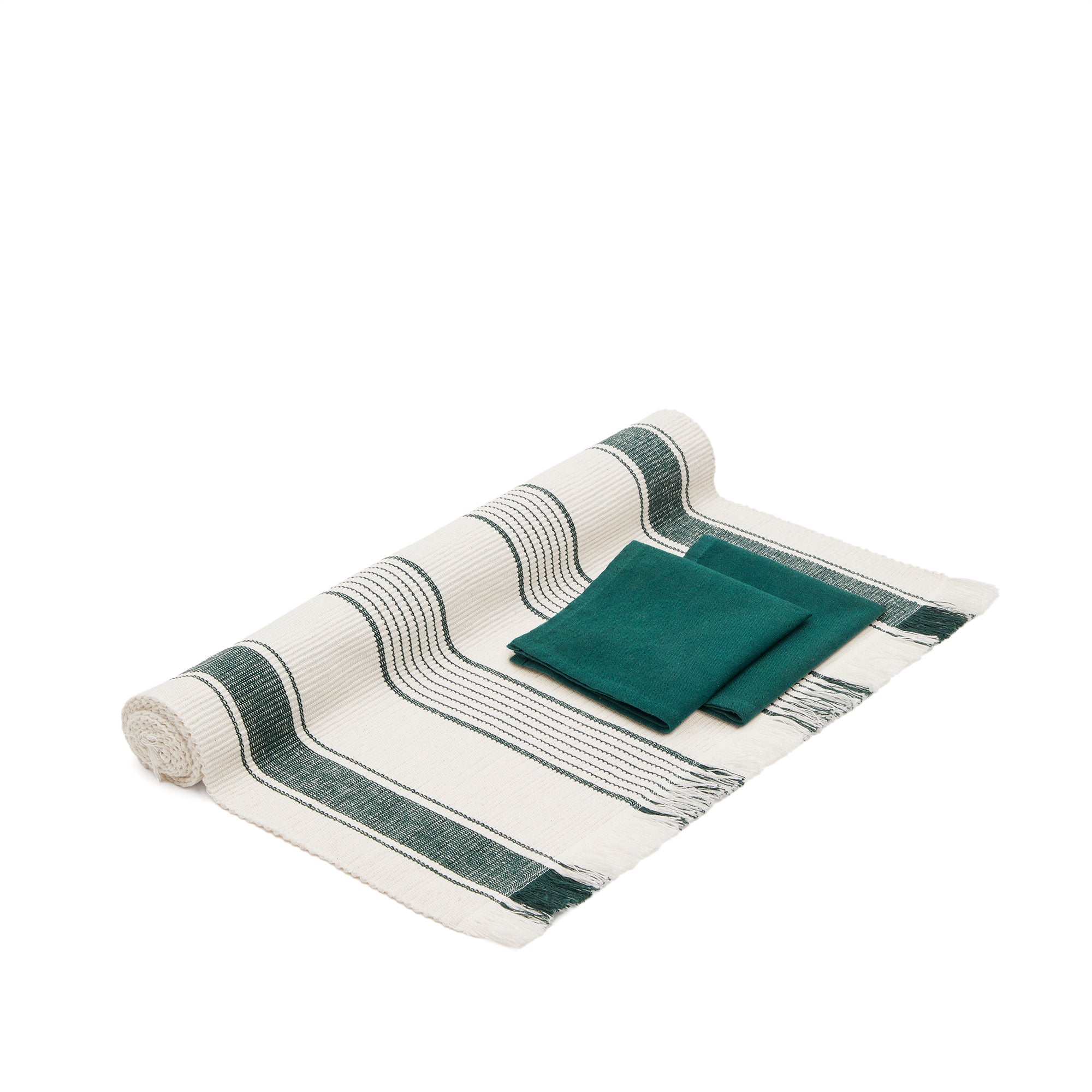 Sonima table runner and 2 napkins set, 100% cotton with beige and green stripes