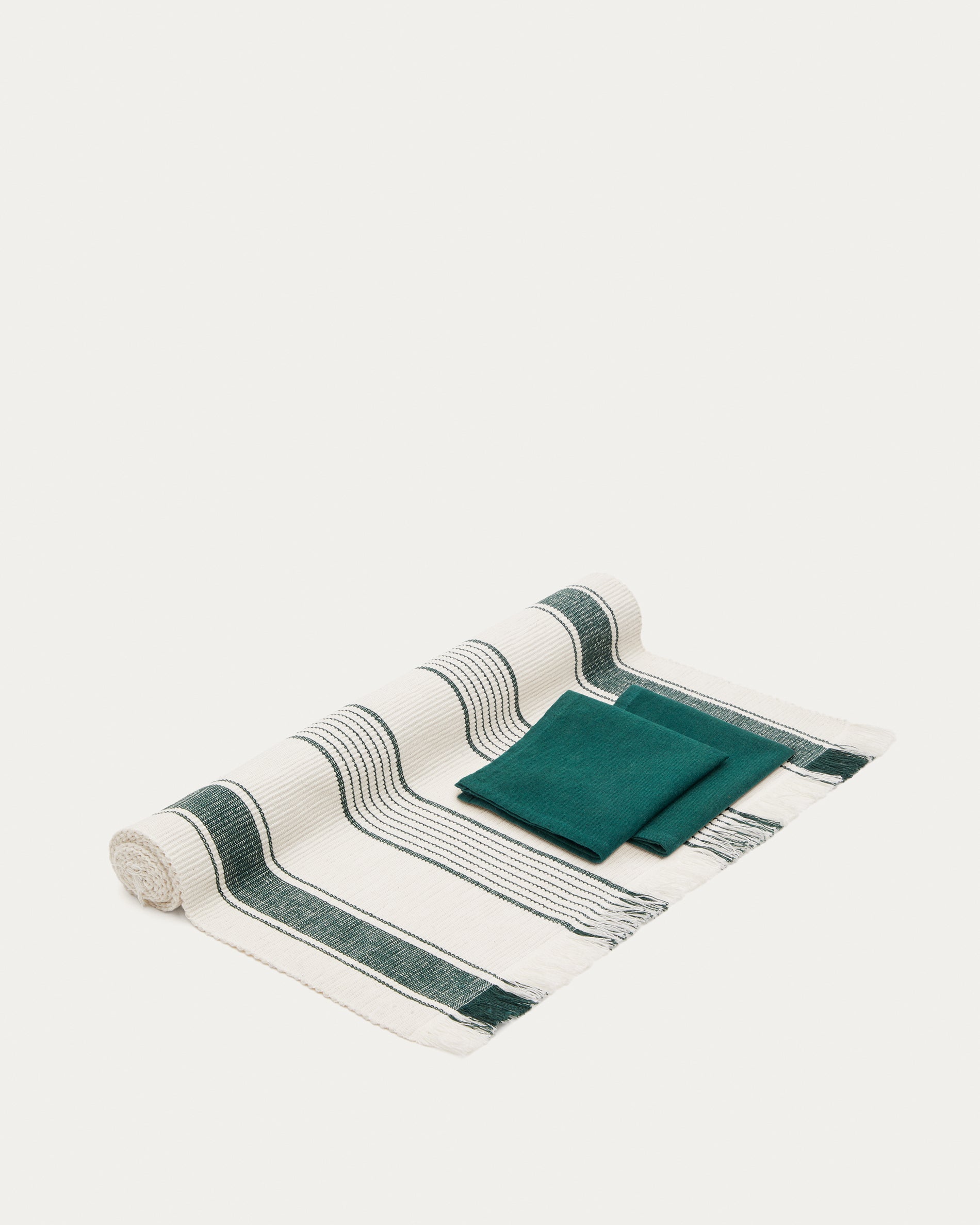 Sonima table runner and 2 napkins set, 100% cotton with beige and green stripes