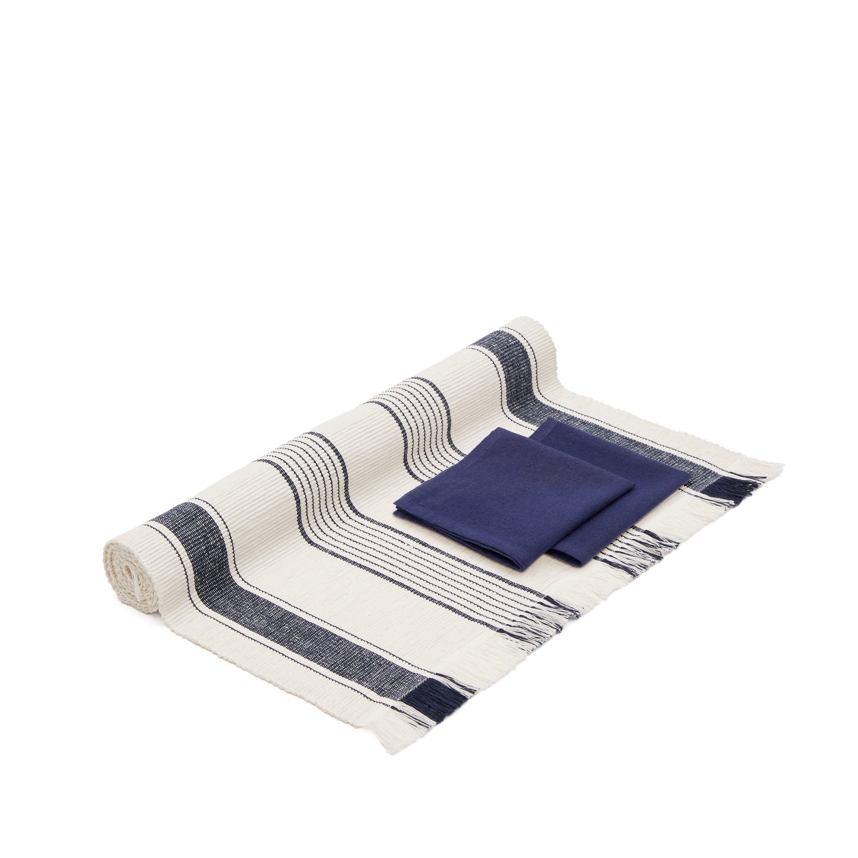 Sonima table runner and set of 2 napkins, 100% cotton, with beige and blue stripes