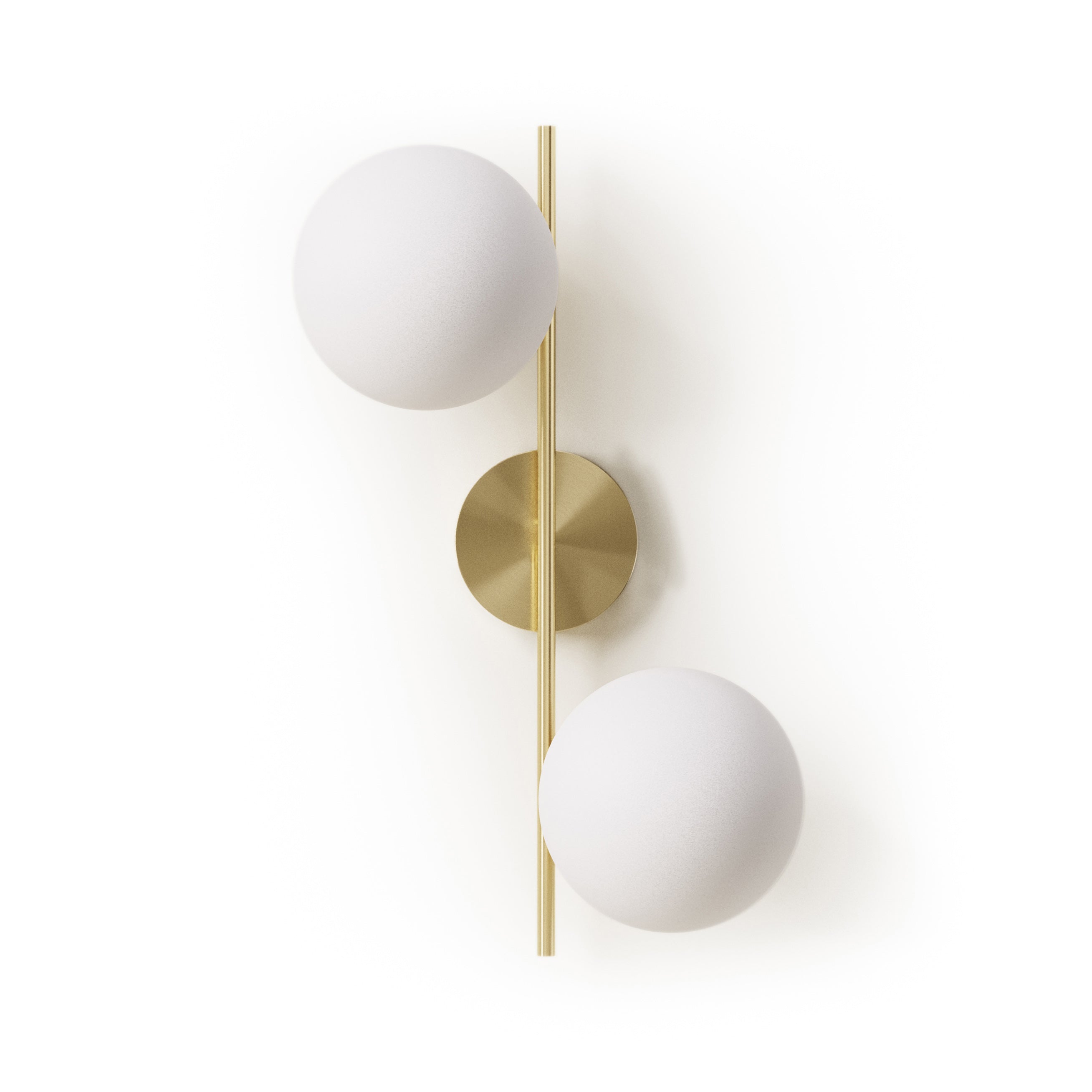 Mahala steel wall light with brass finish and two frosted glass spheres - Product Image