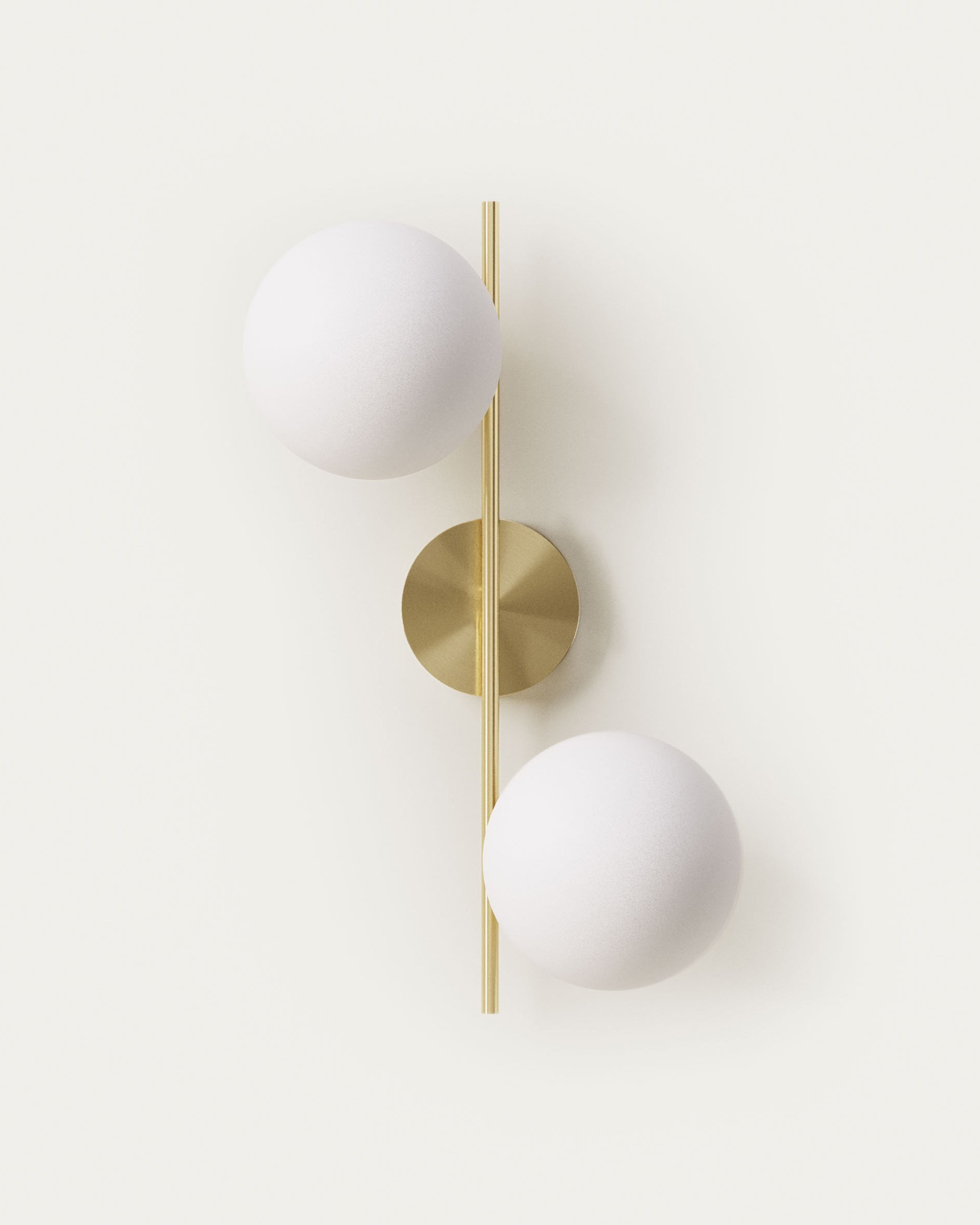 Mahala steel wall light with brass finish and two frosted glass spheres - Product View