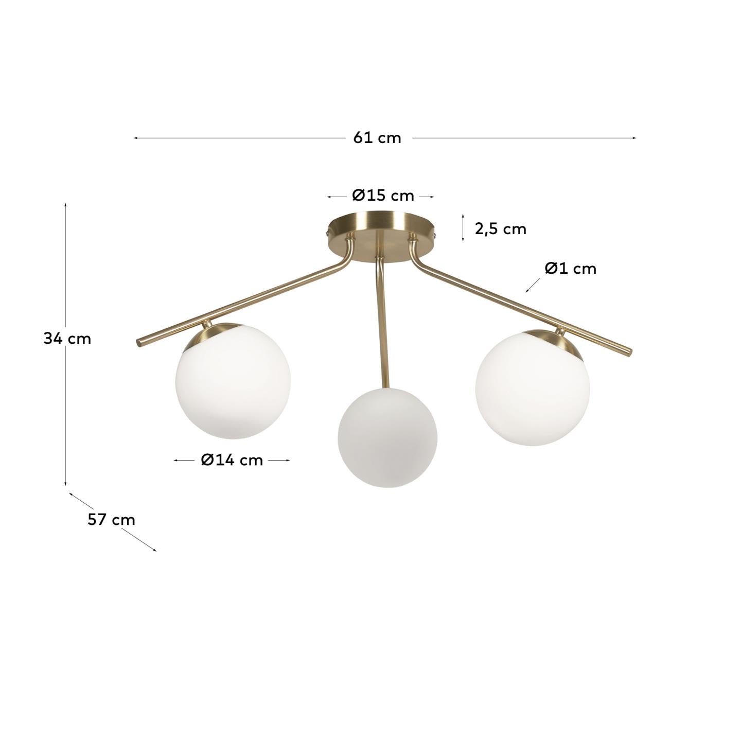 Mahala steel ceiling light with brass finish and three frosted glass spheres - Measurements