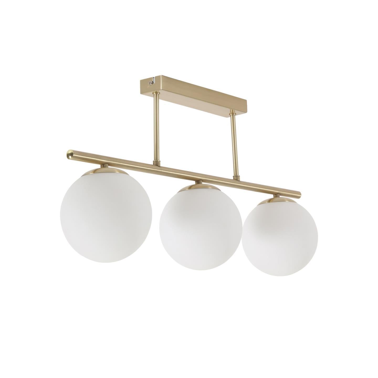 Mahala ceiling light with steel detail and brass finish and three frosted glass spheres - Product Image
