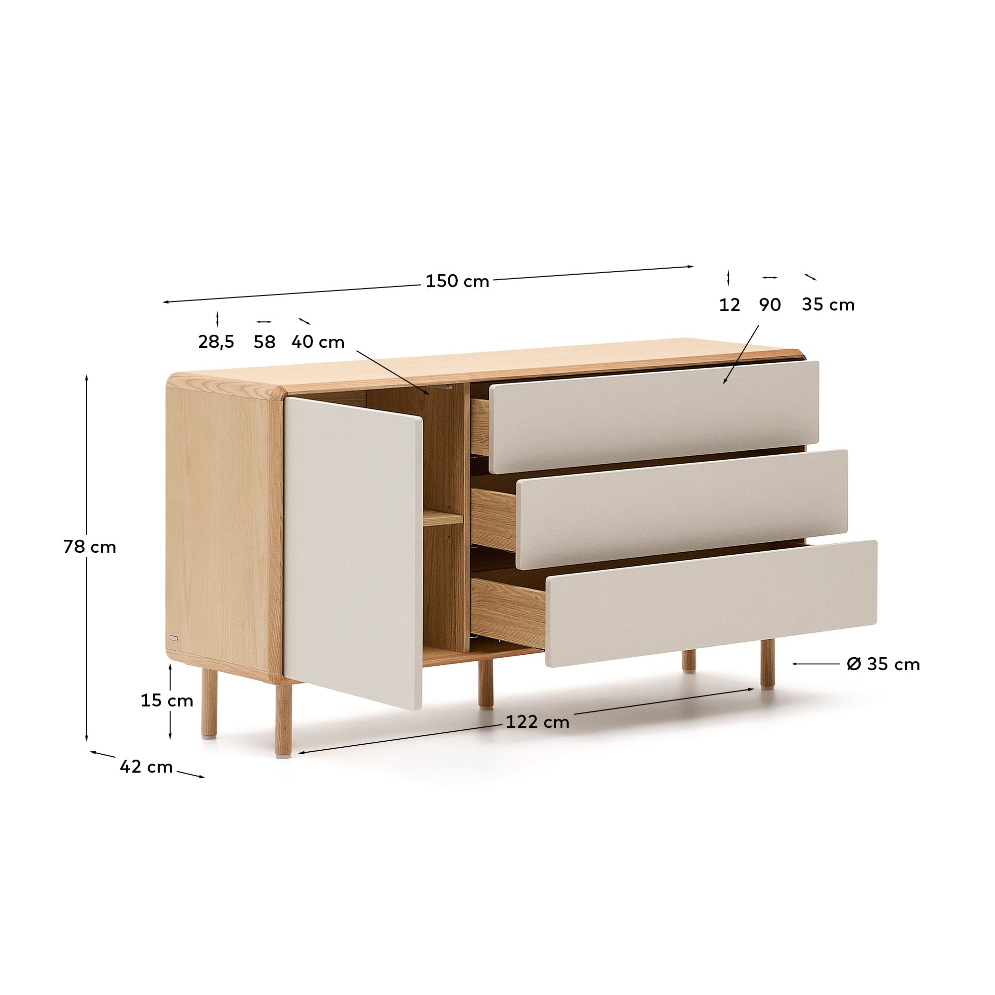 Anielle solid ash & ash veneer sideboard with 1 door and 3 drawers, 150 x 78 cm - Measurements