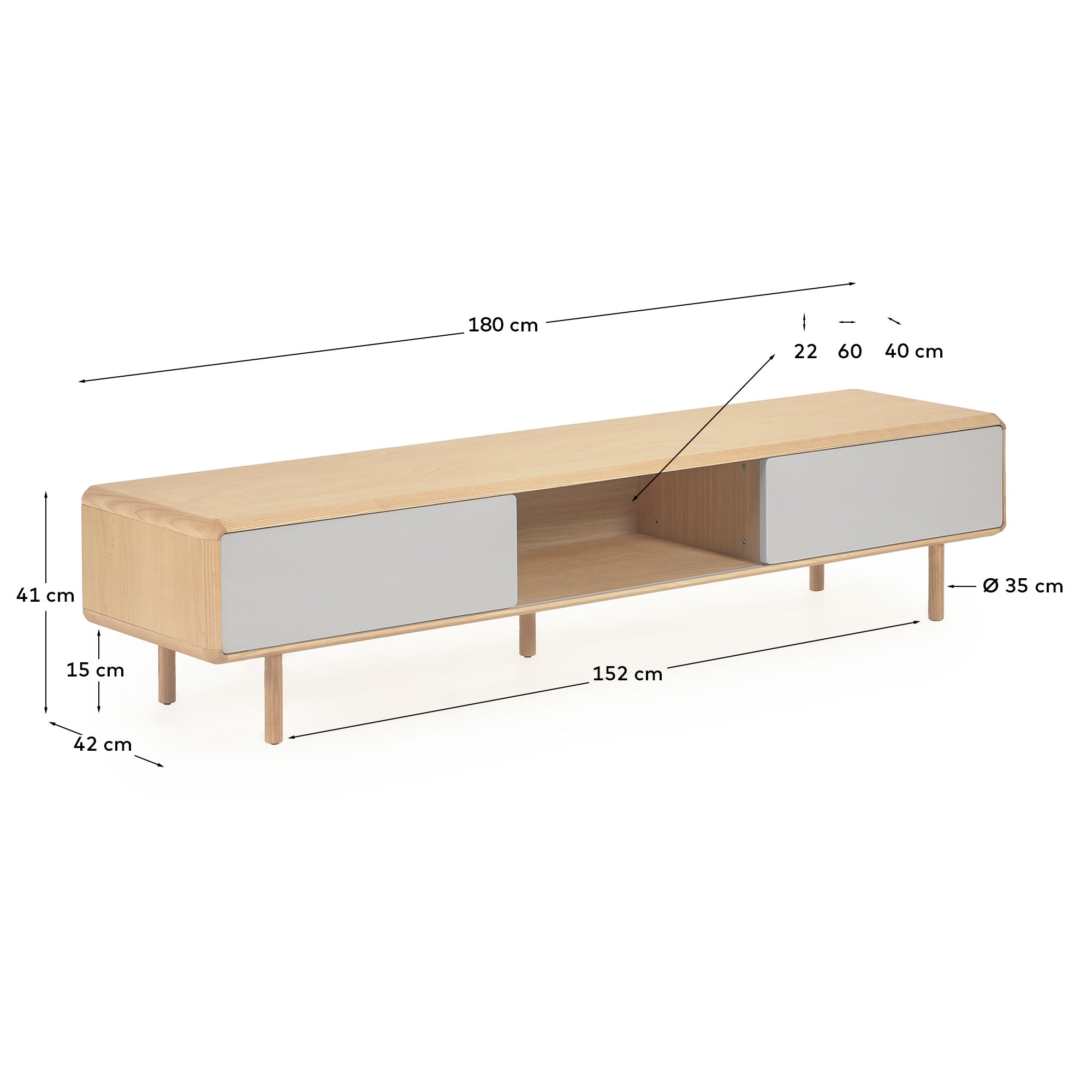 Anielle solid ash & ash veneer TV stand with 2 doors, 180 x 41 cm - Measurements