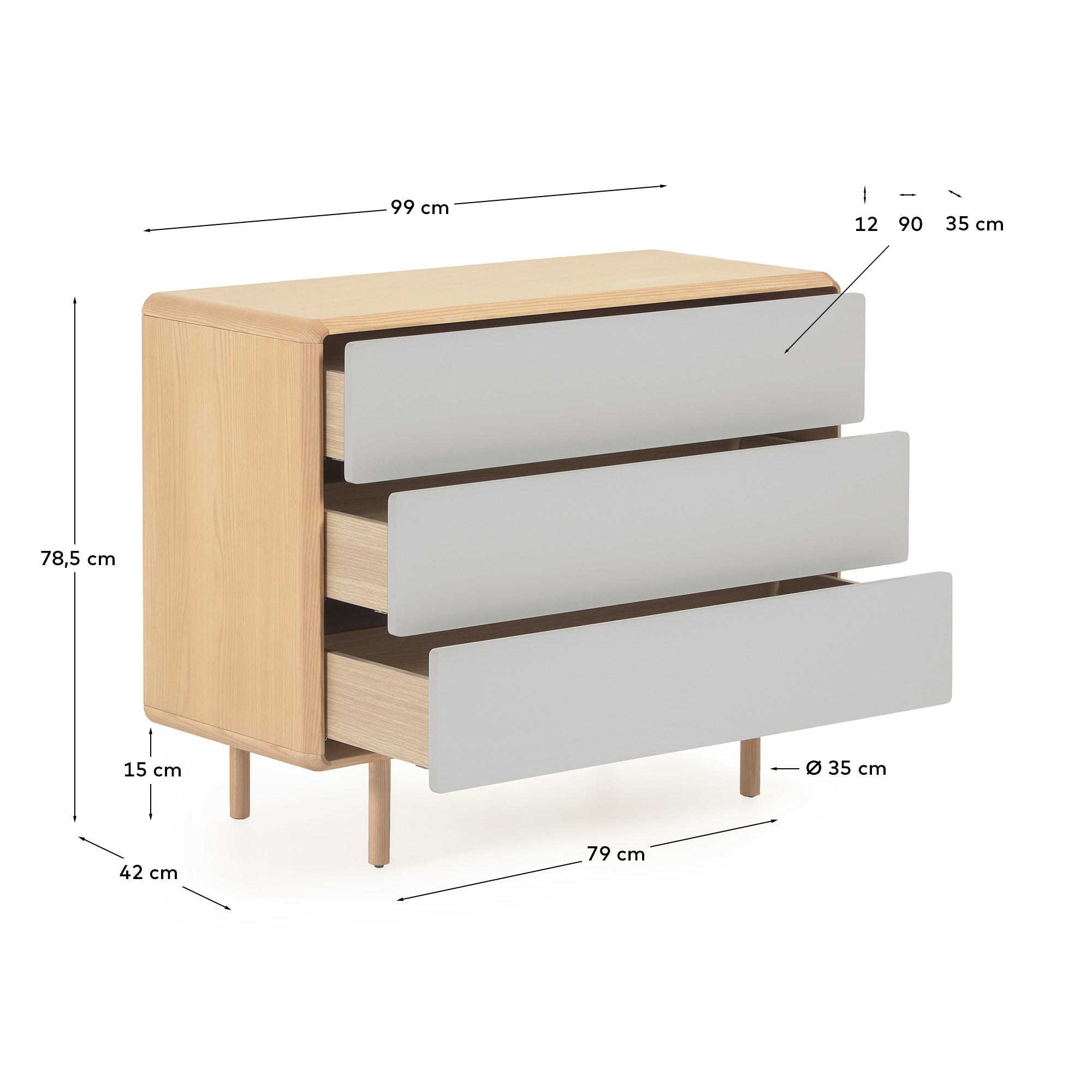 Anielle solid and ash veneer chest of three drawers 99 x 78.5 cm - Measurements