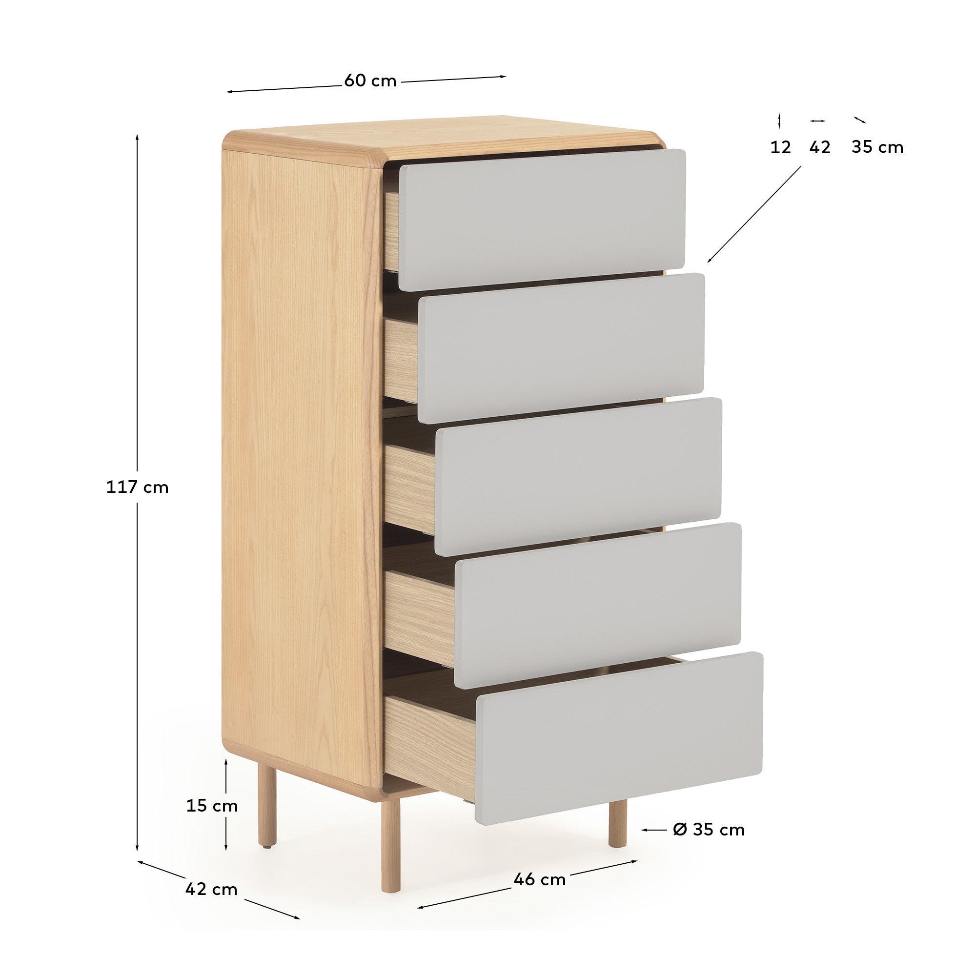 Anielle solid and ash veneer chest of five drawers 60 x 117 cm - Measurements