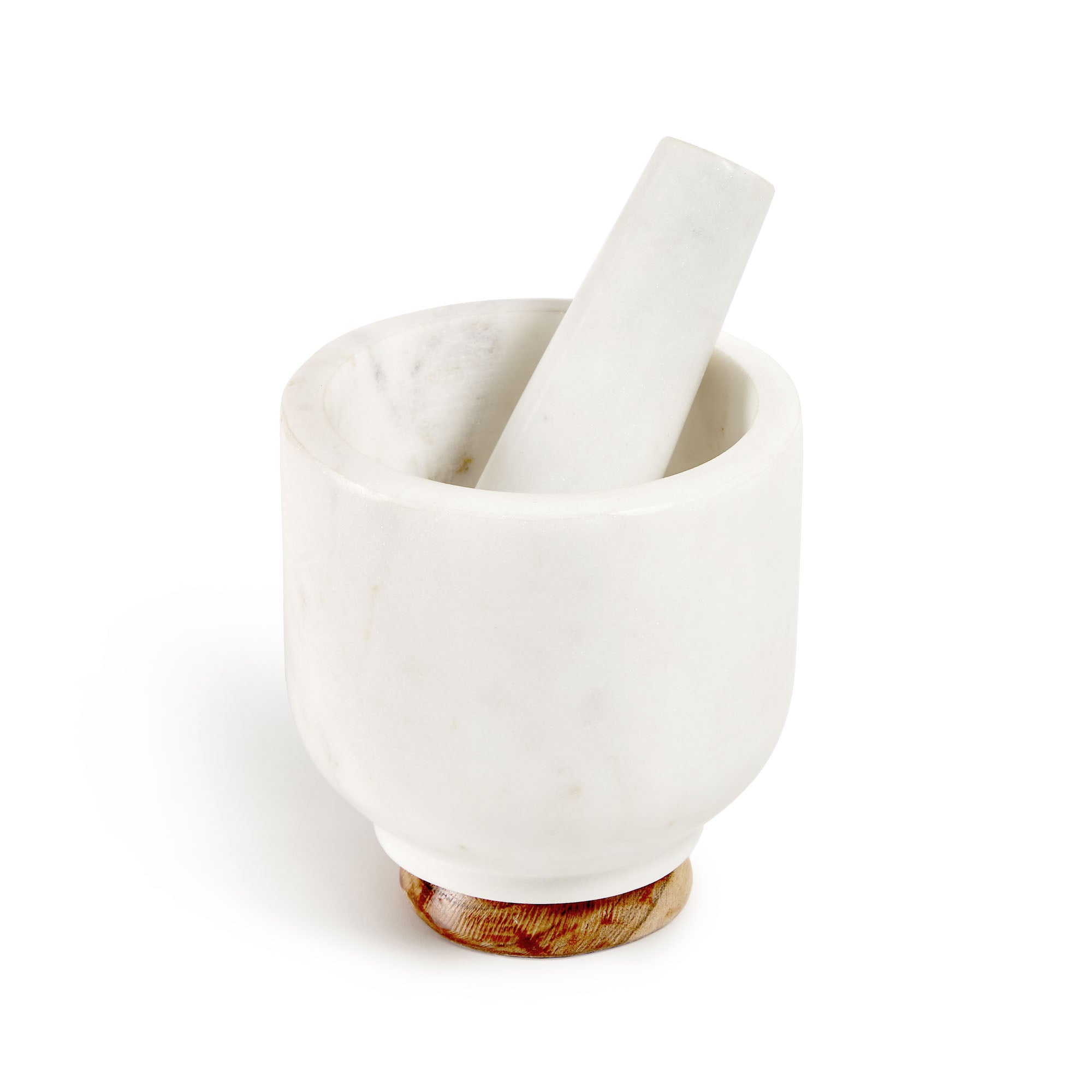 Cinderella pestle and mortar in white marble and wood - Product Image