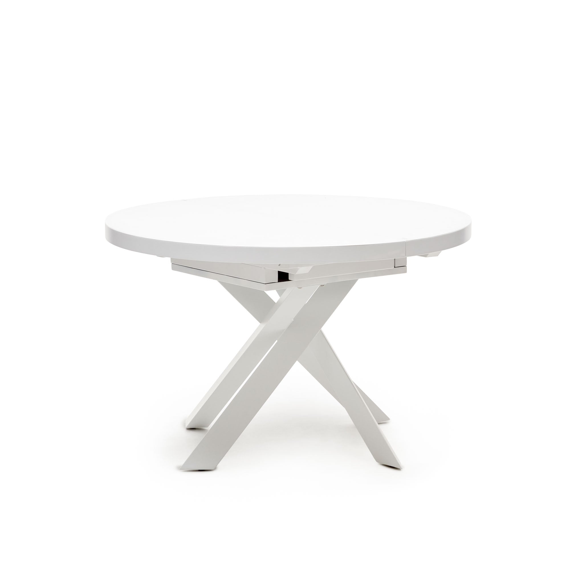 Vashti kihúzható kerek asztal üvegből és MDF-ből, acél lábakkal, fehér színben, Ø 120(160)x120cm