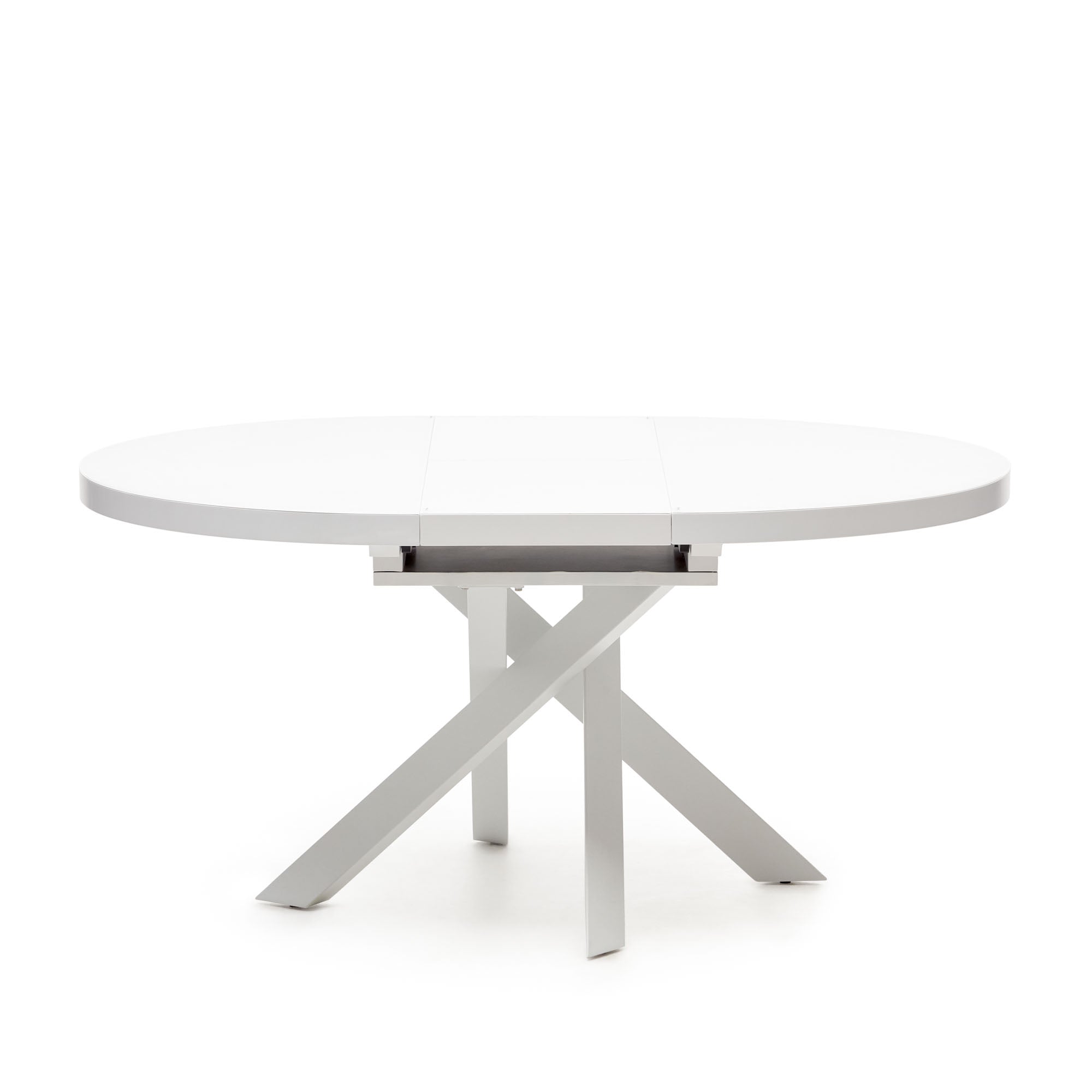 Vashti kihúzható kerek asztal üvegből és MDF-ből, acél lábakkal, fehér színben, Ø 120(160)x120cm