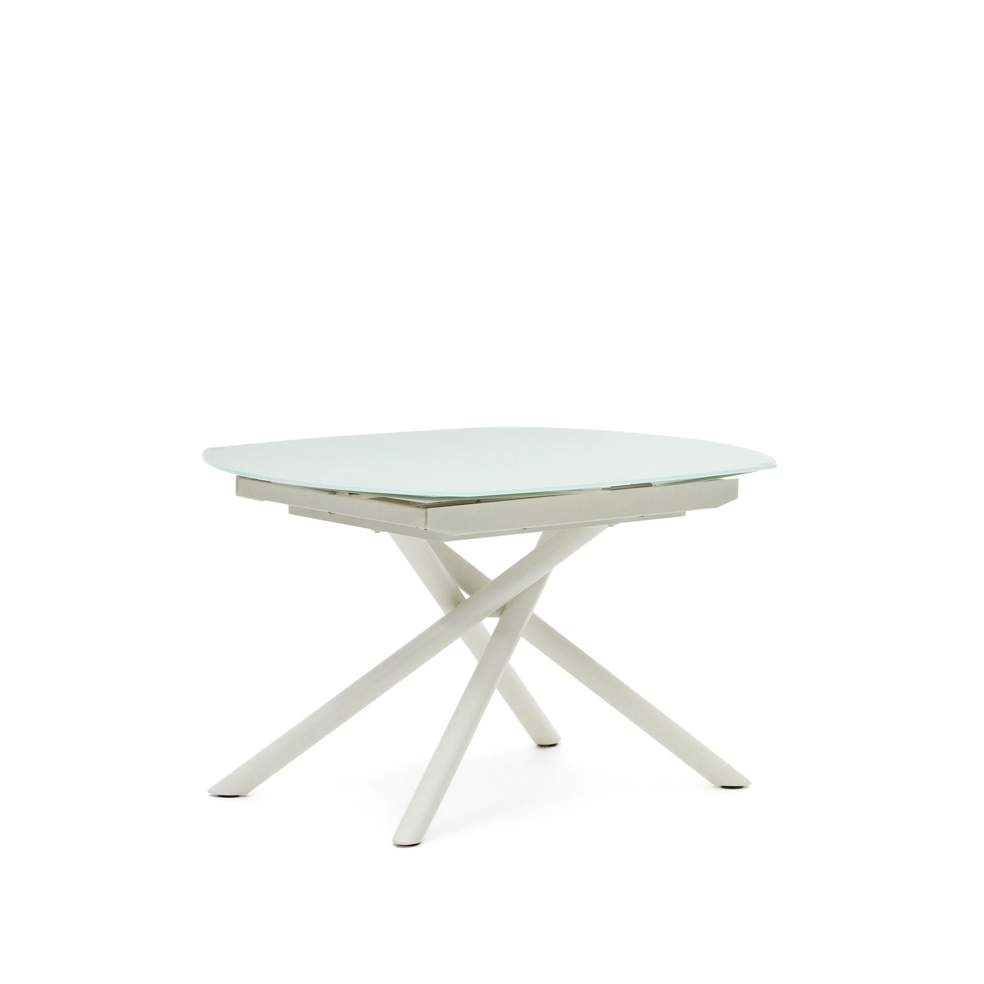 Vashti kihúzható kerek asztal üvegből és MDF-ből, acél lábakkal, fehér színben, 130(190) x 100 cm