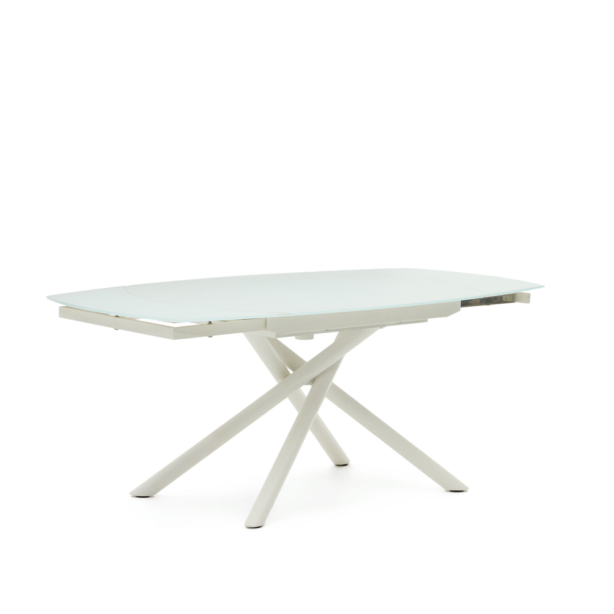 Vashti kihúzható kerek asztal üvegből és MDF-ből, acél lábakkal, fehér színben, 130(190) x 100 cm