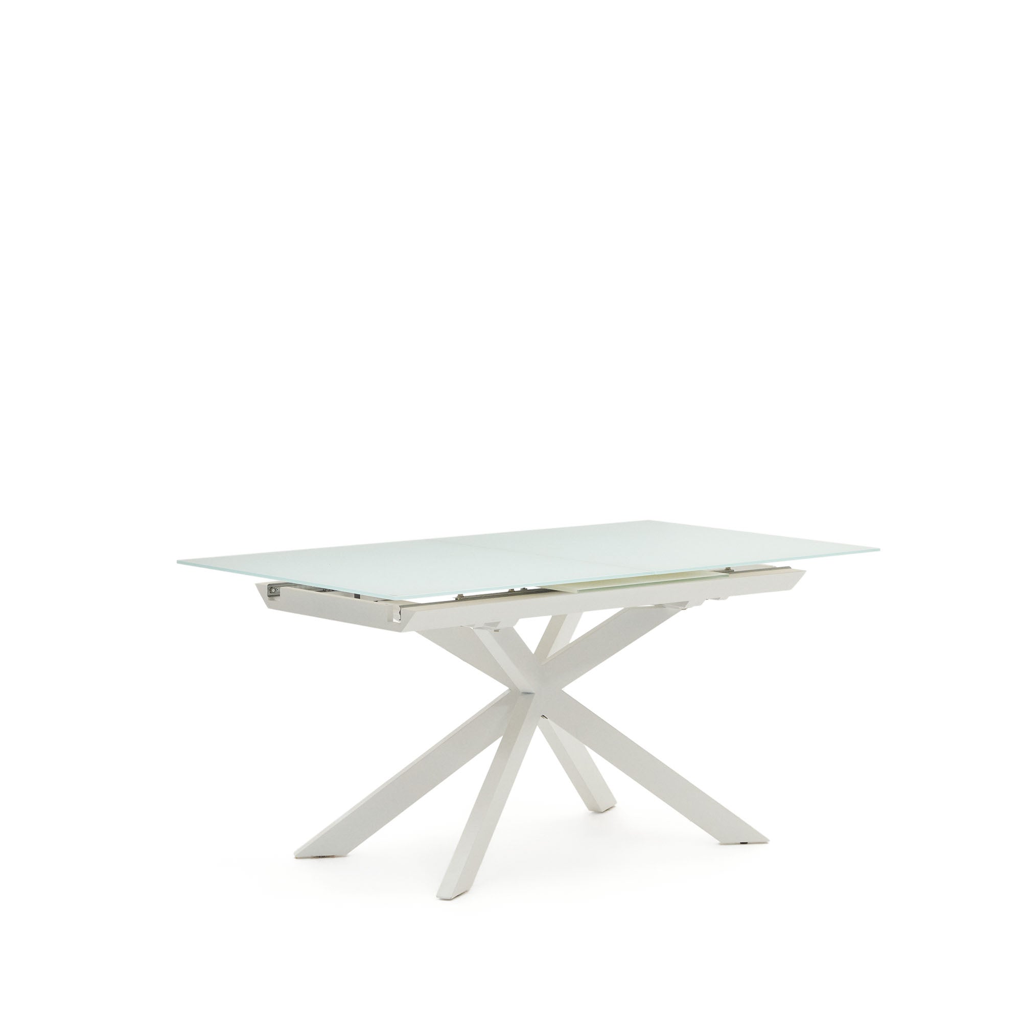 Vashti kihúzható kerek asztal üvegből és MDF-ből, acél lábakkal, fehér színben, 160 (210) x 90 cm