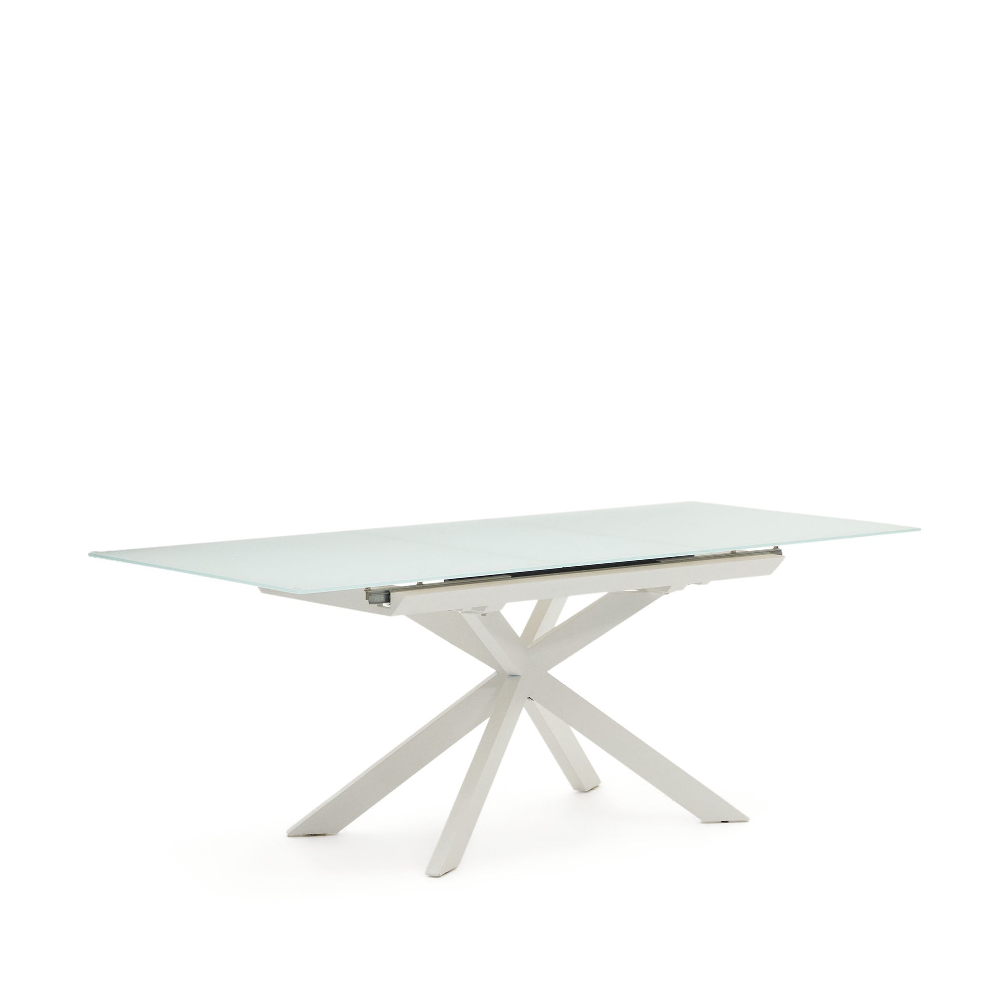 Vashti kihúzható kerek asztal üvegből és MDF-ből, acél lábakkal, fehér színben, 160 (210) x 90 cm
