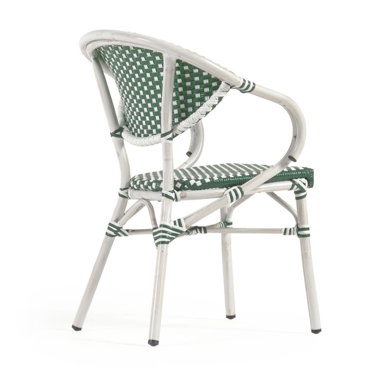 Marilyn stackable outdoor bistro chair with arms in aluminium and synthetic rattan, green & white