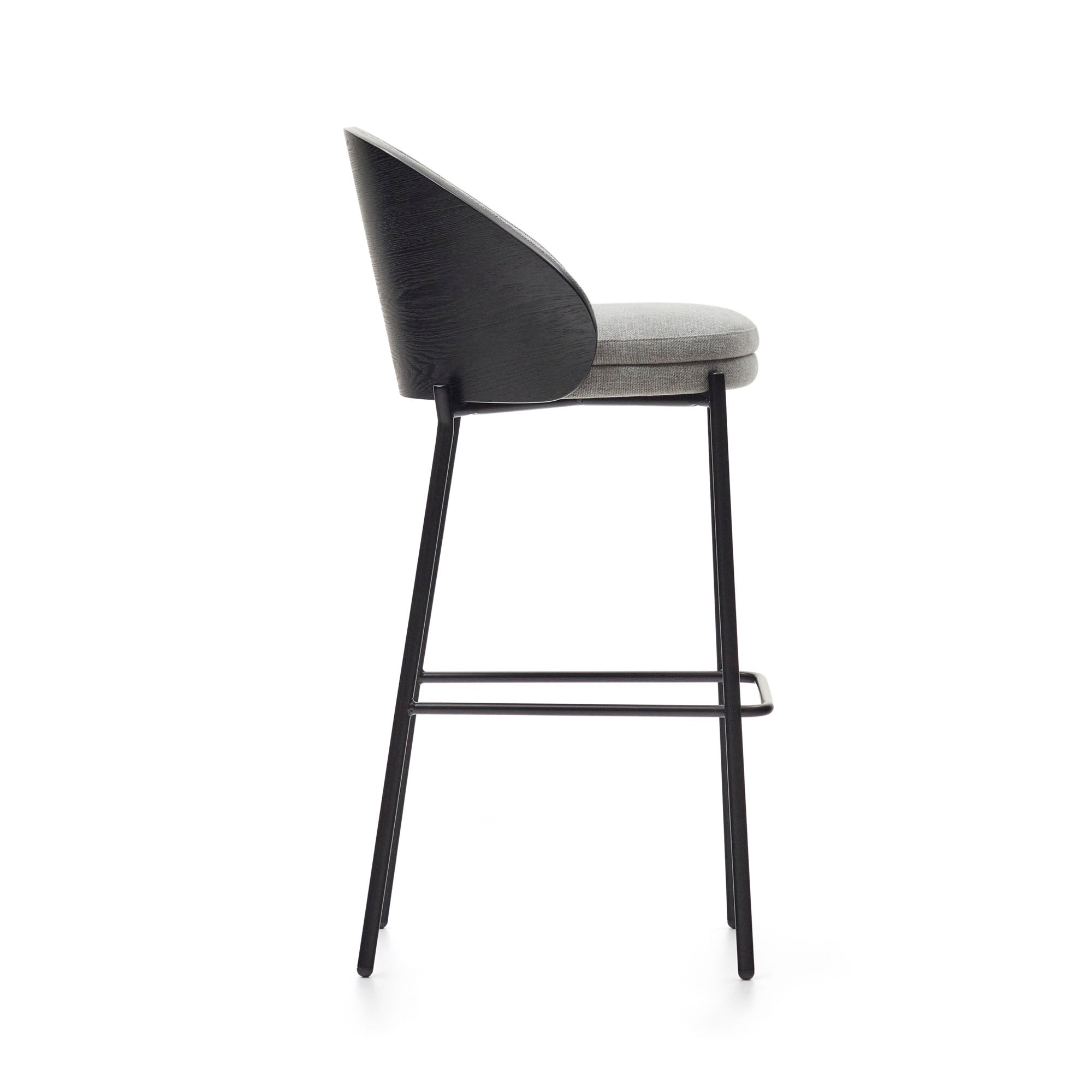 Eamy light grey stool in an ash wood veneer with a black finish and black metal, 75 cm