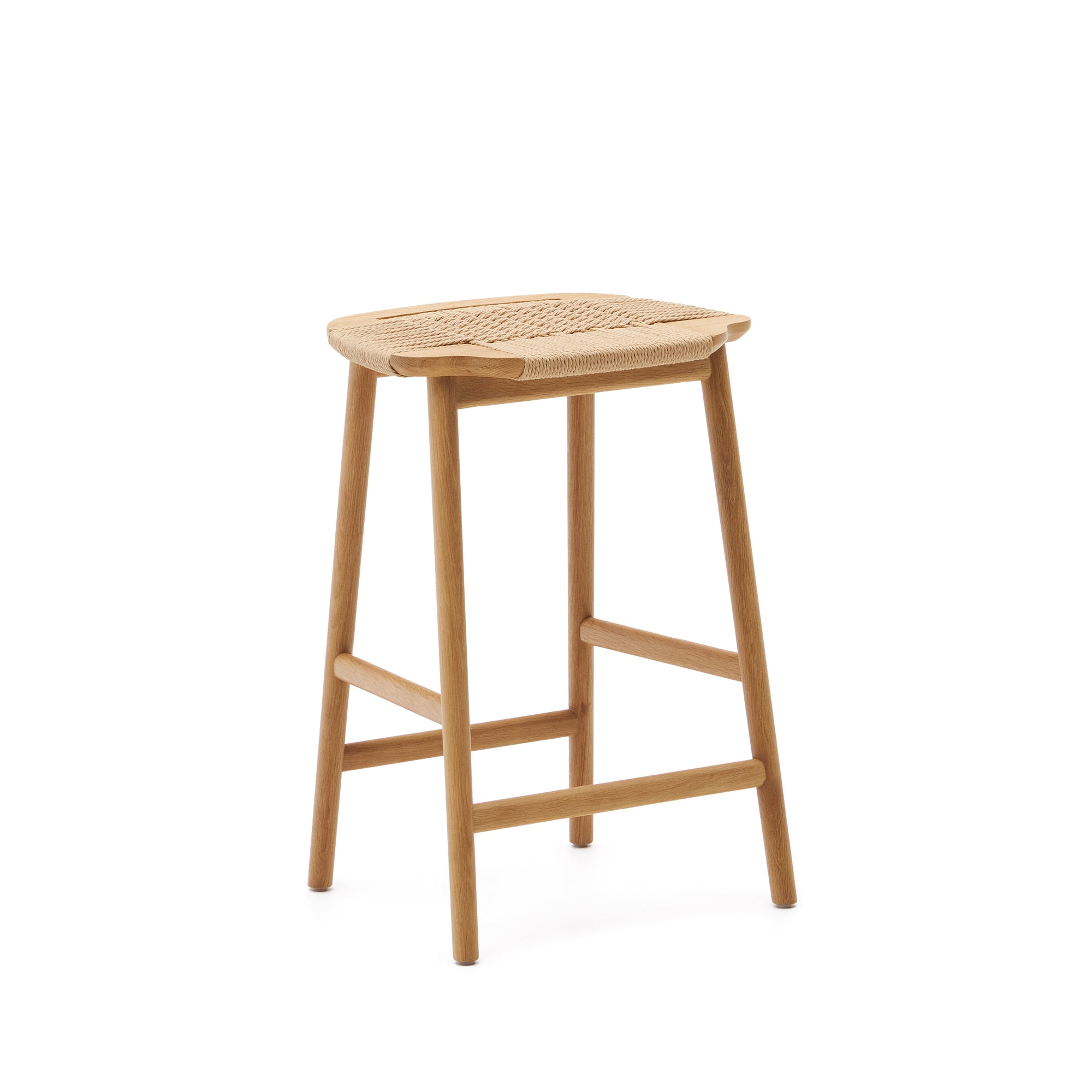 Enit stool made of beige paper cord and solid oak wood with natural finish, 65cm FSC Mix Credit