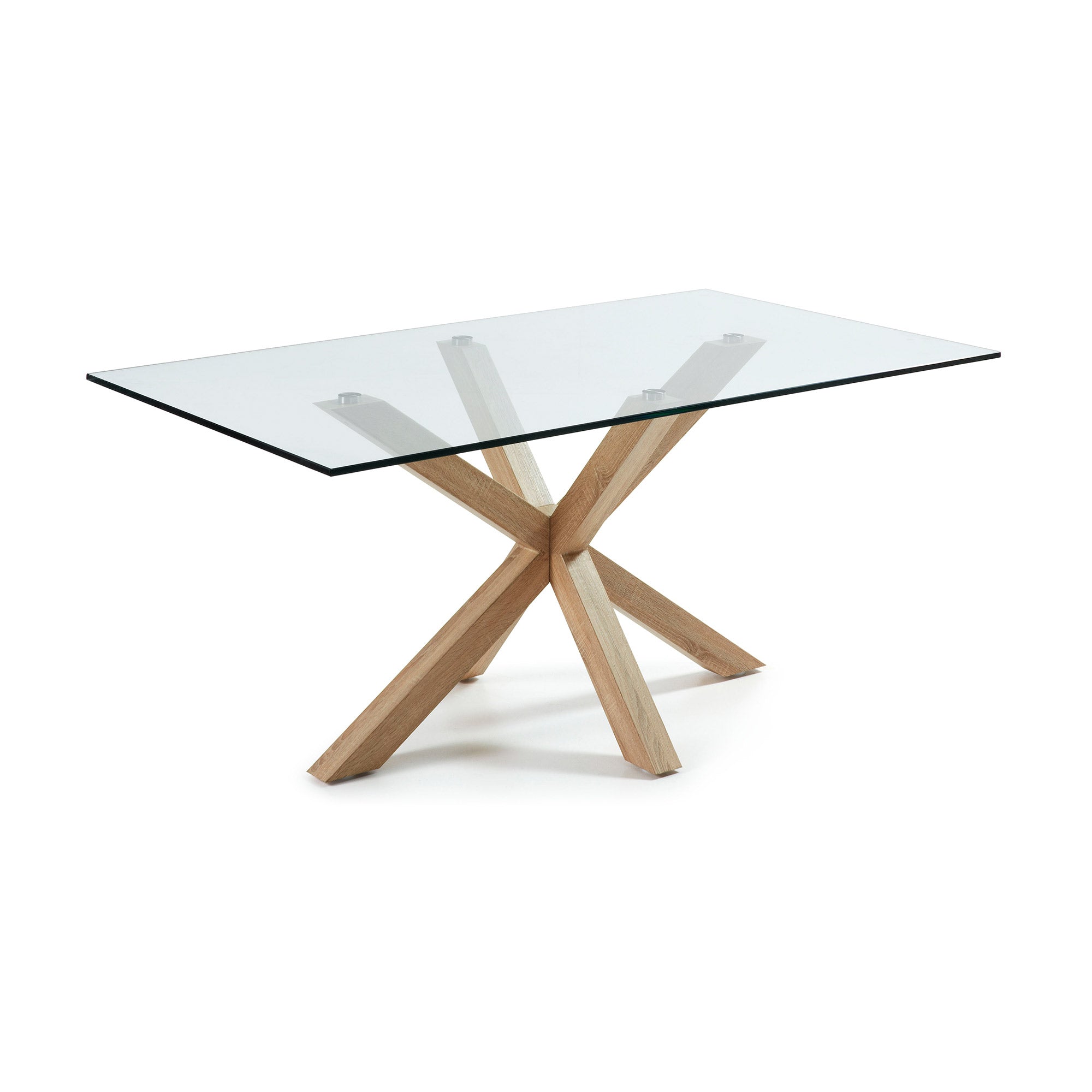 Argo üvegasztal acél lábakkal, fa hatású felületkezeléssel 180 x 100 cm