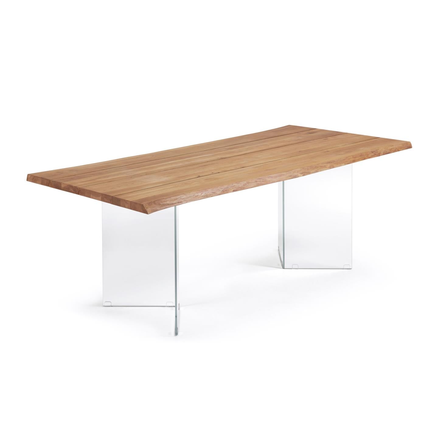 Lotty tölgyfa furnéros asztal, természetes kivitelben, üveglábakkal, 220 x 100 cm