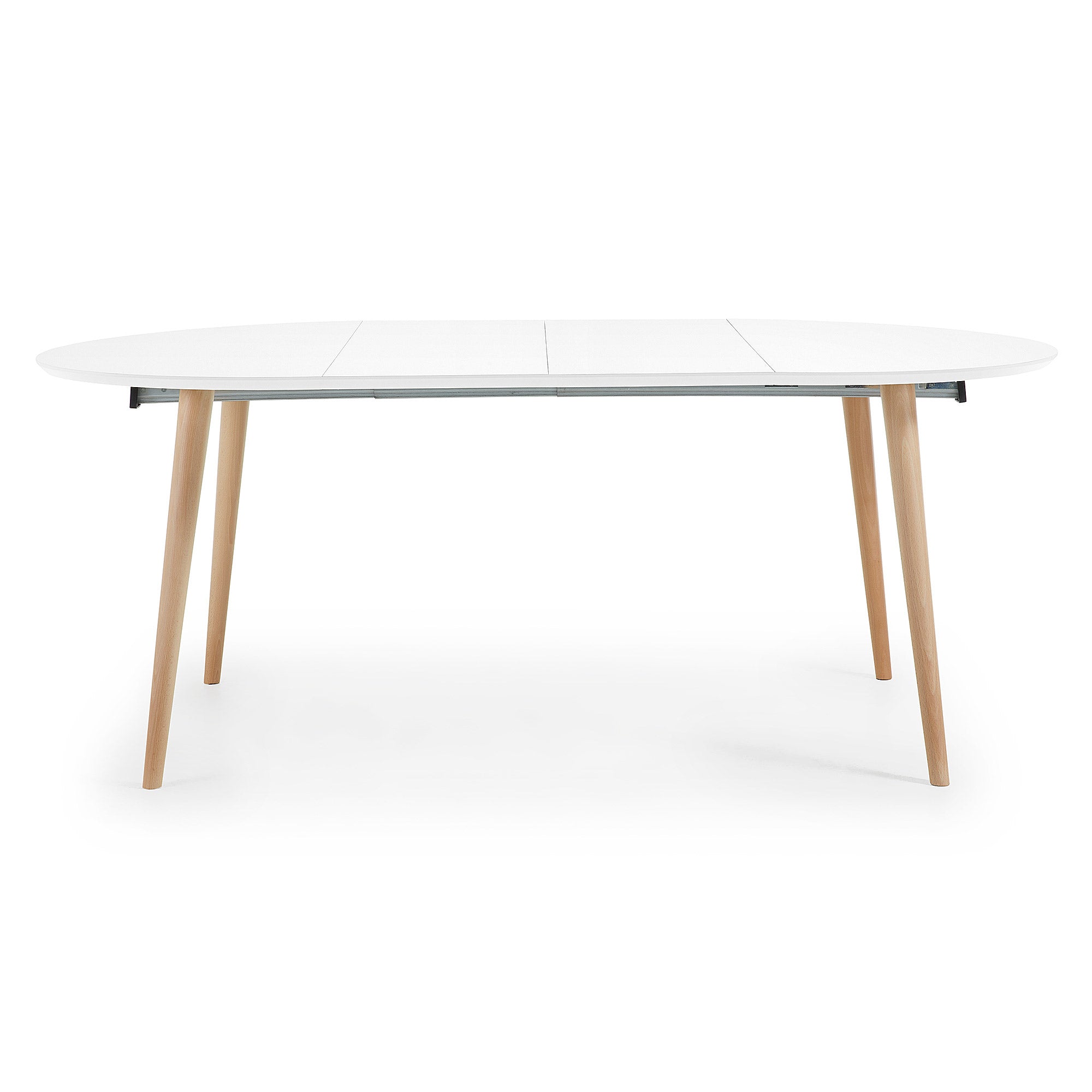 Oqui kerek, kihúzható MDF asztal fehér lakkozással és tömör bükk lábakkal 120(200)x120 cm