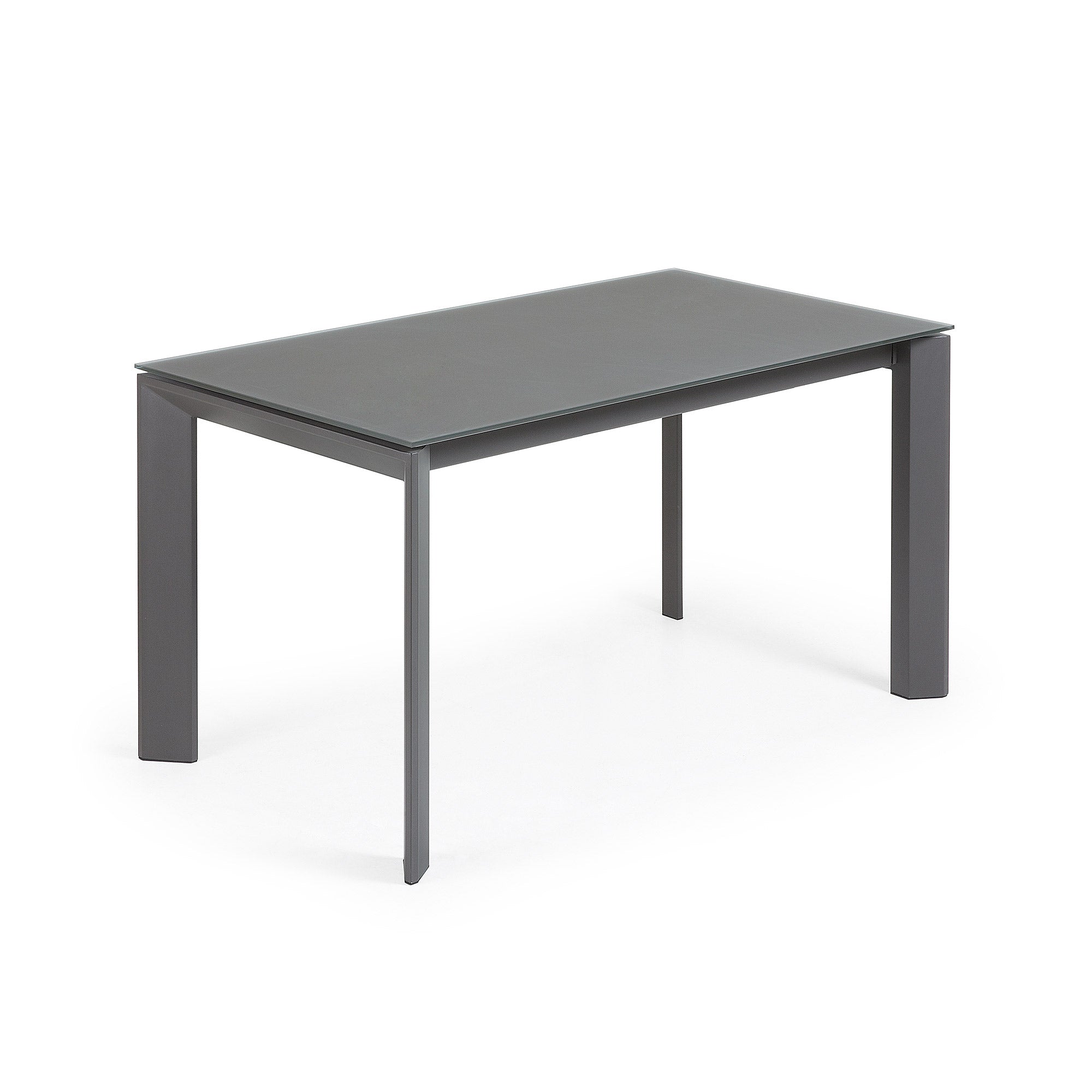 Axis extendable table in grey glass with steel legs in a dark grey finish, 140 (200) cm