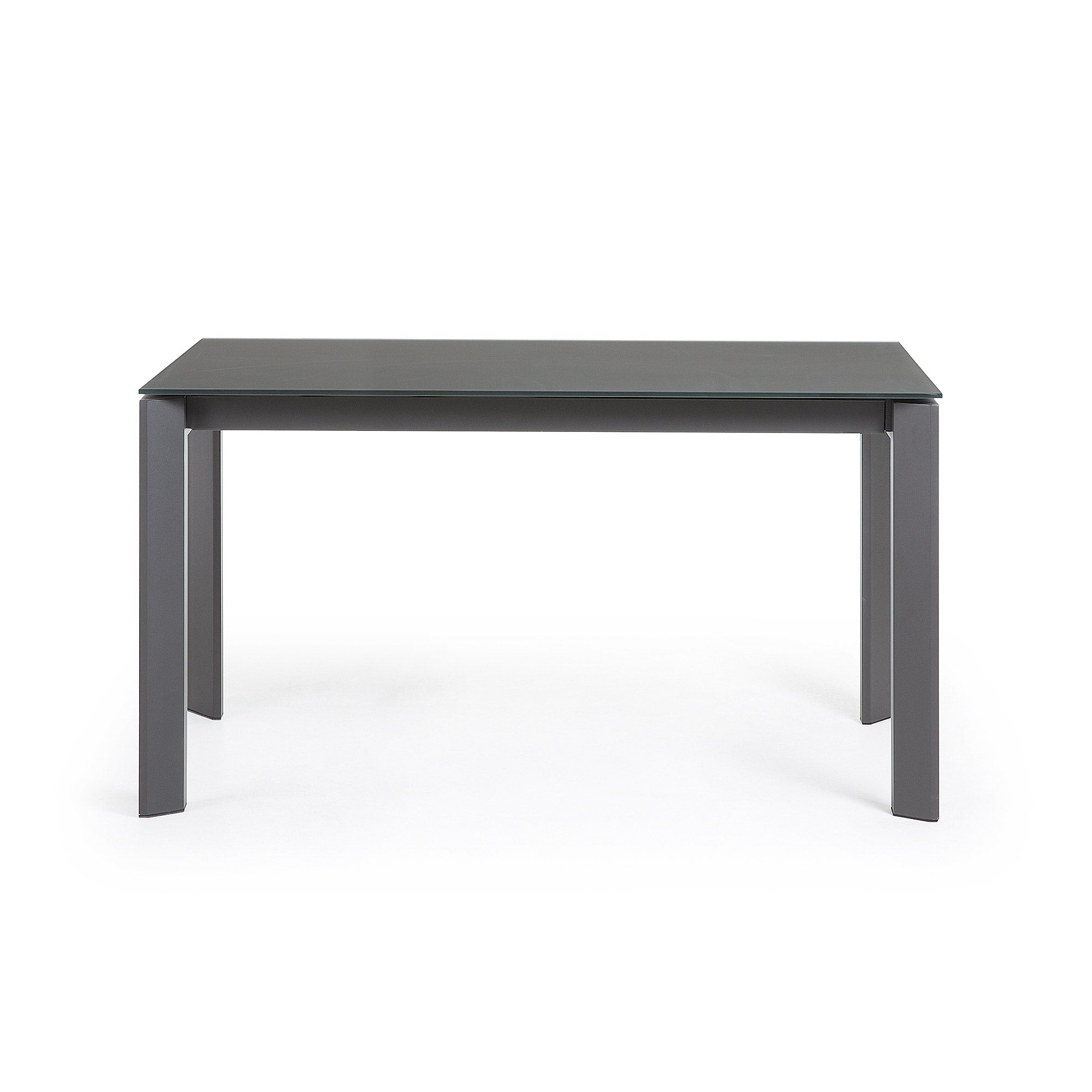 Axis extendable table in grey glass with steel legs in a dark grey finish, 140 (200) cm