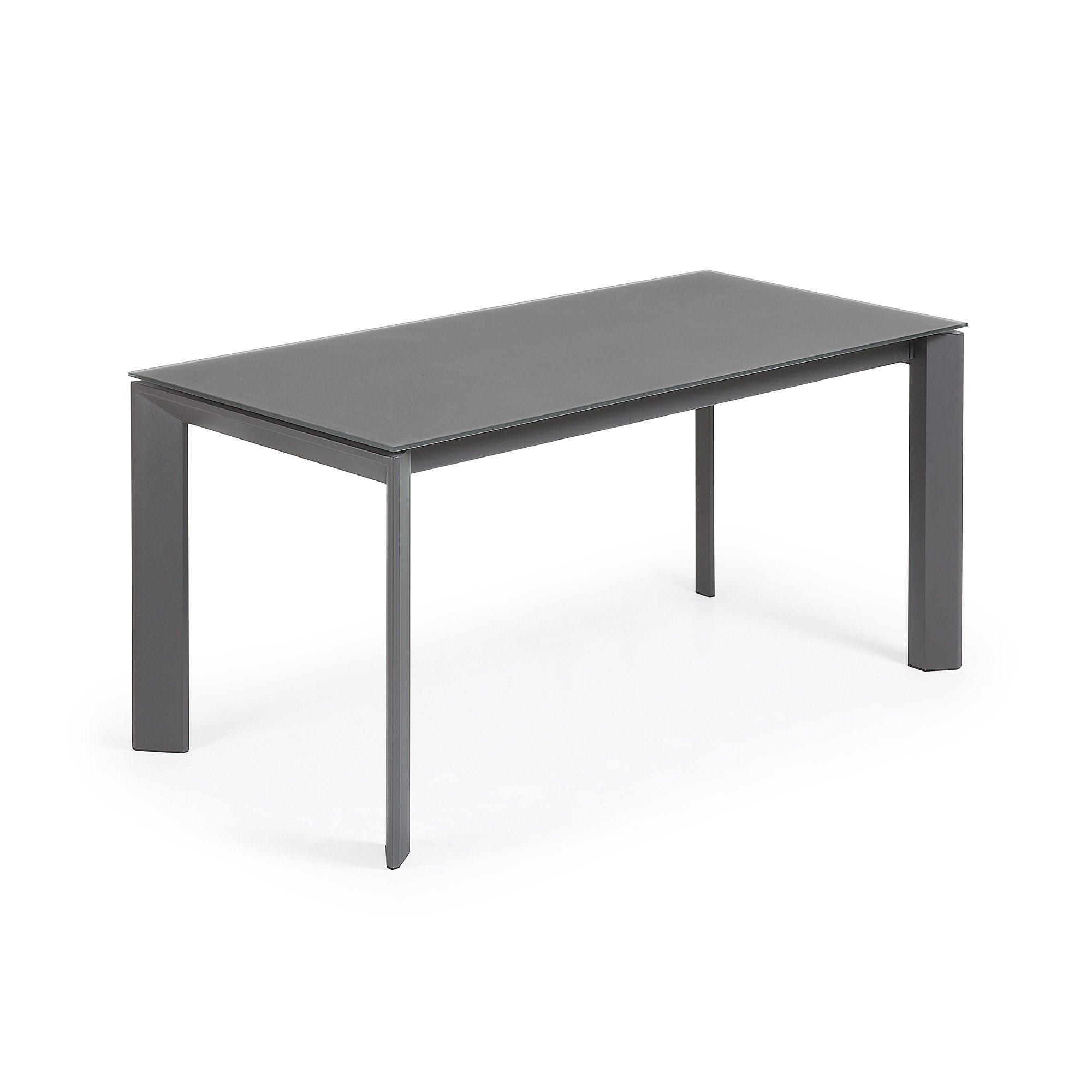 Axis extendable table in grey glass with steel legs in a dark grey finish, 160 (220) cm