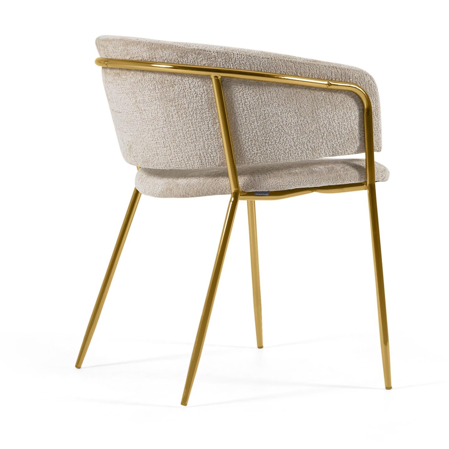 Runnie chair in beige chenille with steel legs and gold finish