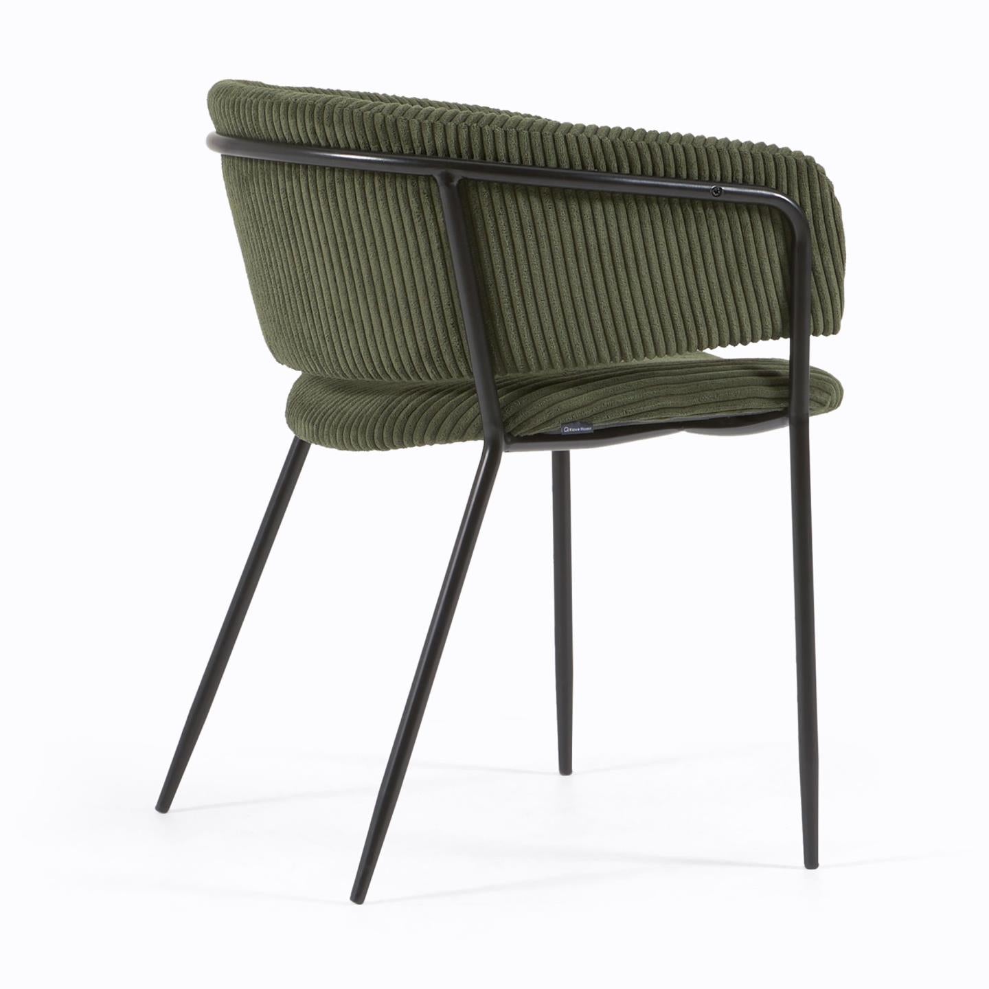 Runnie chair made from dark green wide seam corduroy and steel legs with black finish