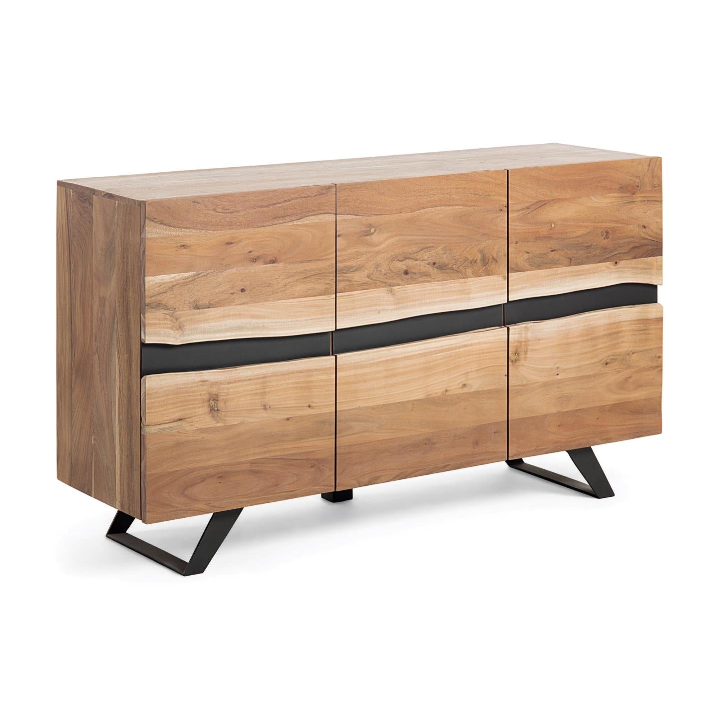 Uxia solid acacia wood sideboard with 3 doors and black finish steel, 148 x 85 cm