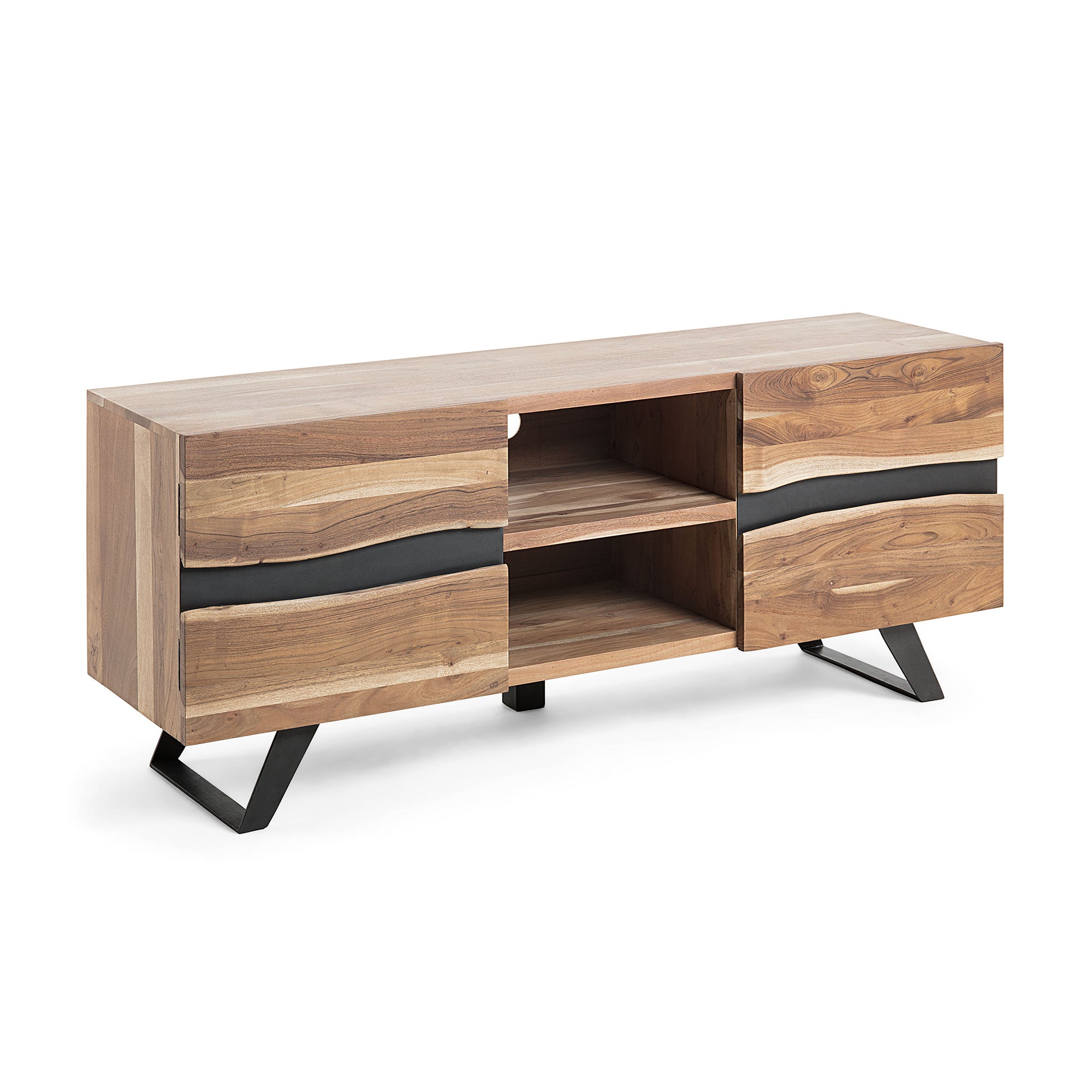 Uxia solid acacia wood TV stand with 2 doors and black finish steel, 160 x 65 cm