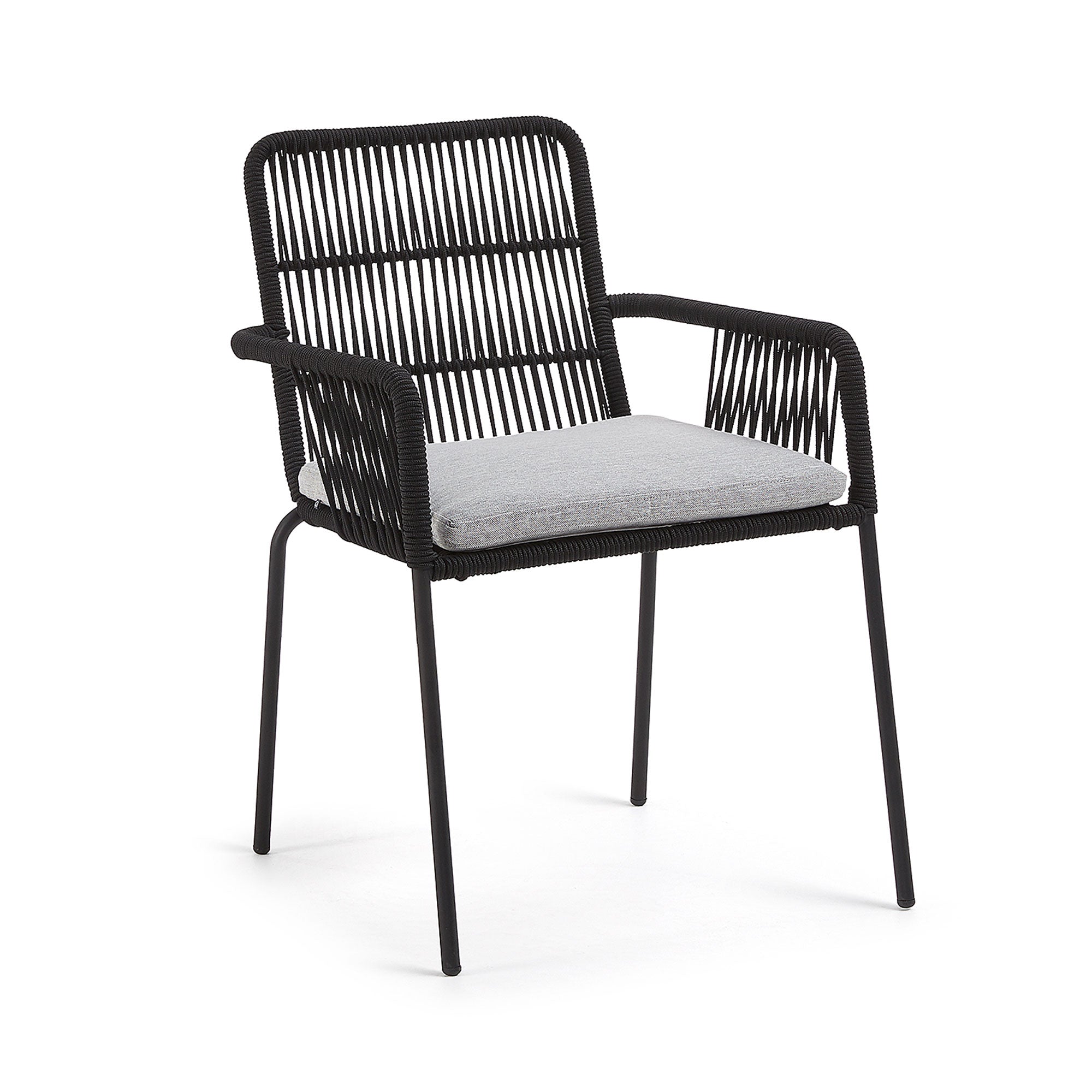 Samanta stackable chair made from black cord and galvanised steel legs.