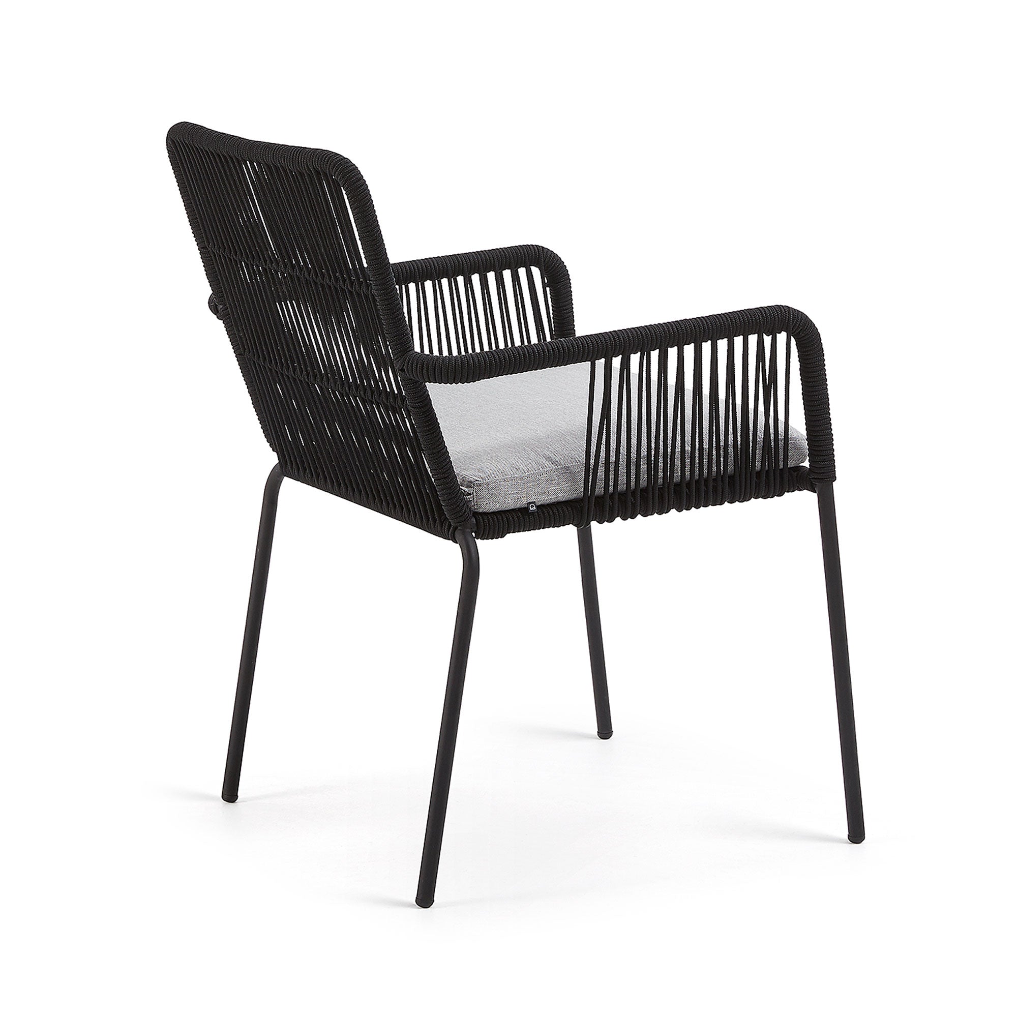 Samanta stackable chair made from black cord and galvanised steel legs.