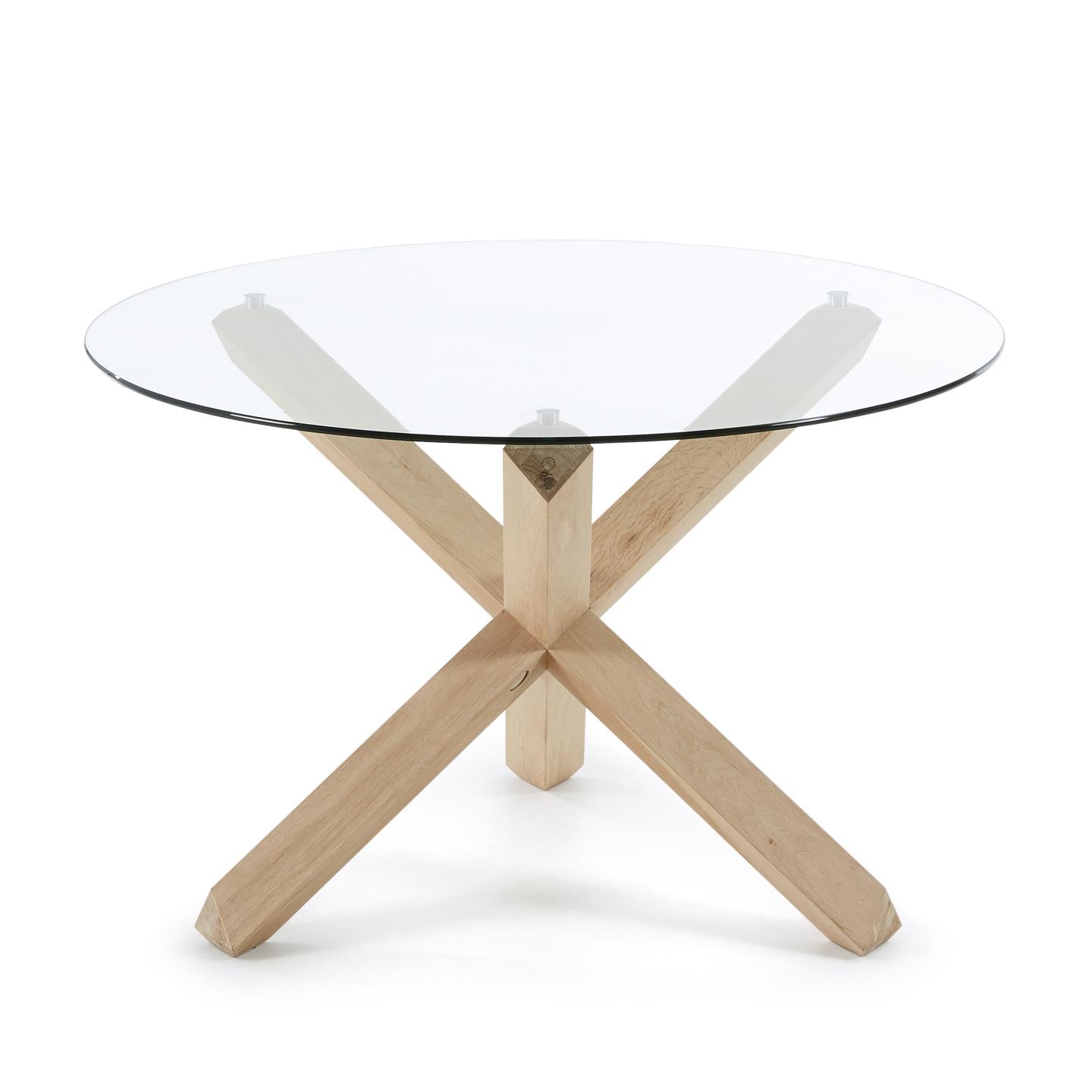 Lotus round glass table with solid oak legs, Ø 120 cm