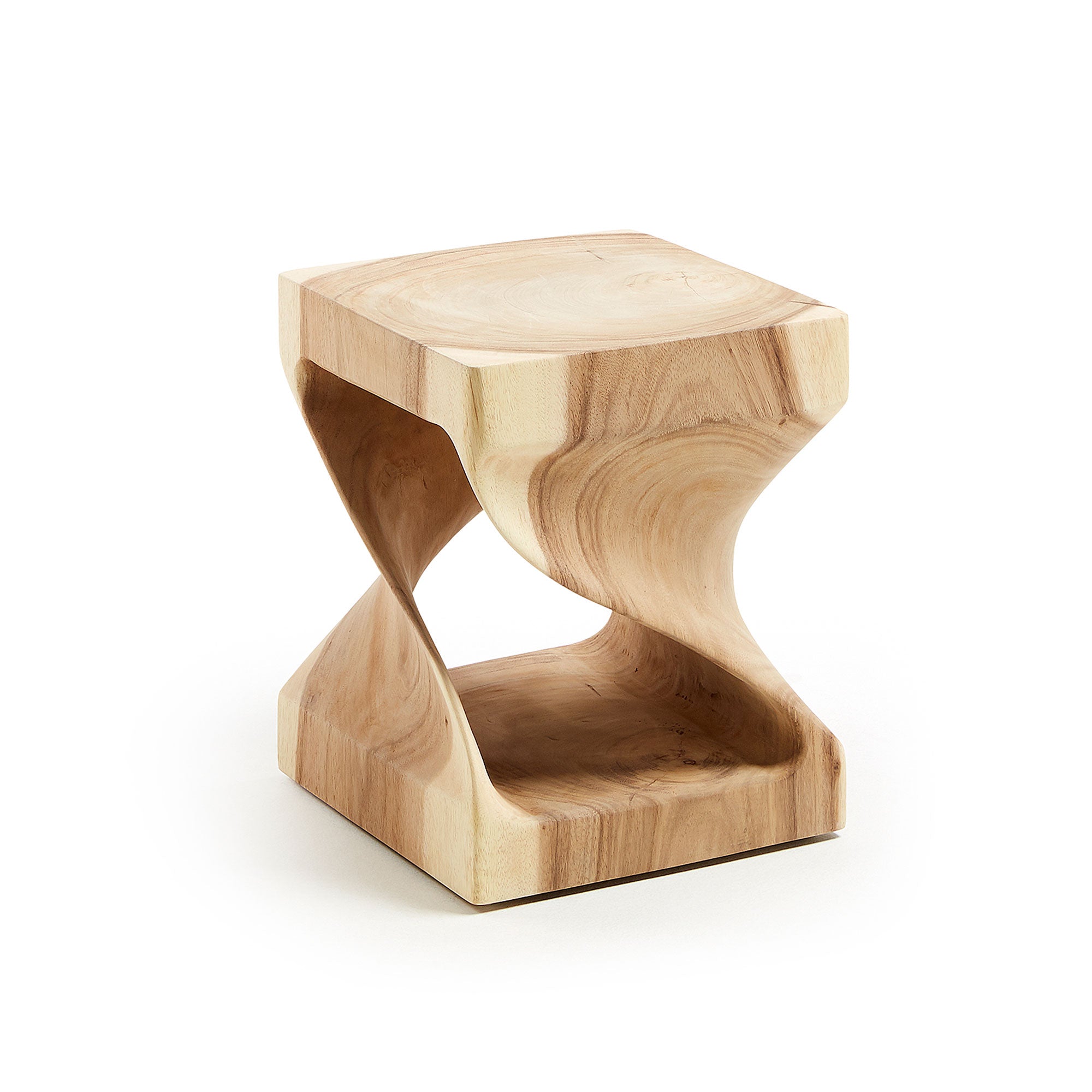 Hakon solid rain tree wood side table with carved interior, 30 x 30 cm