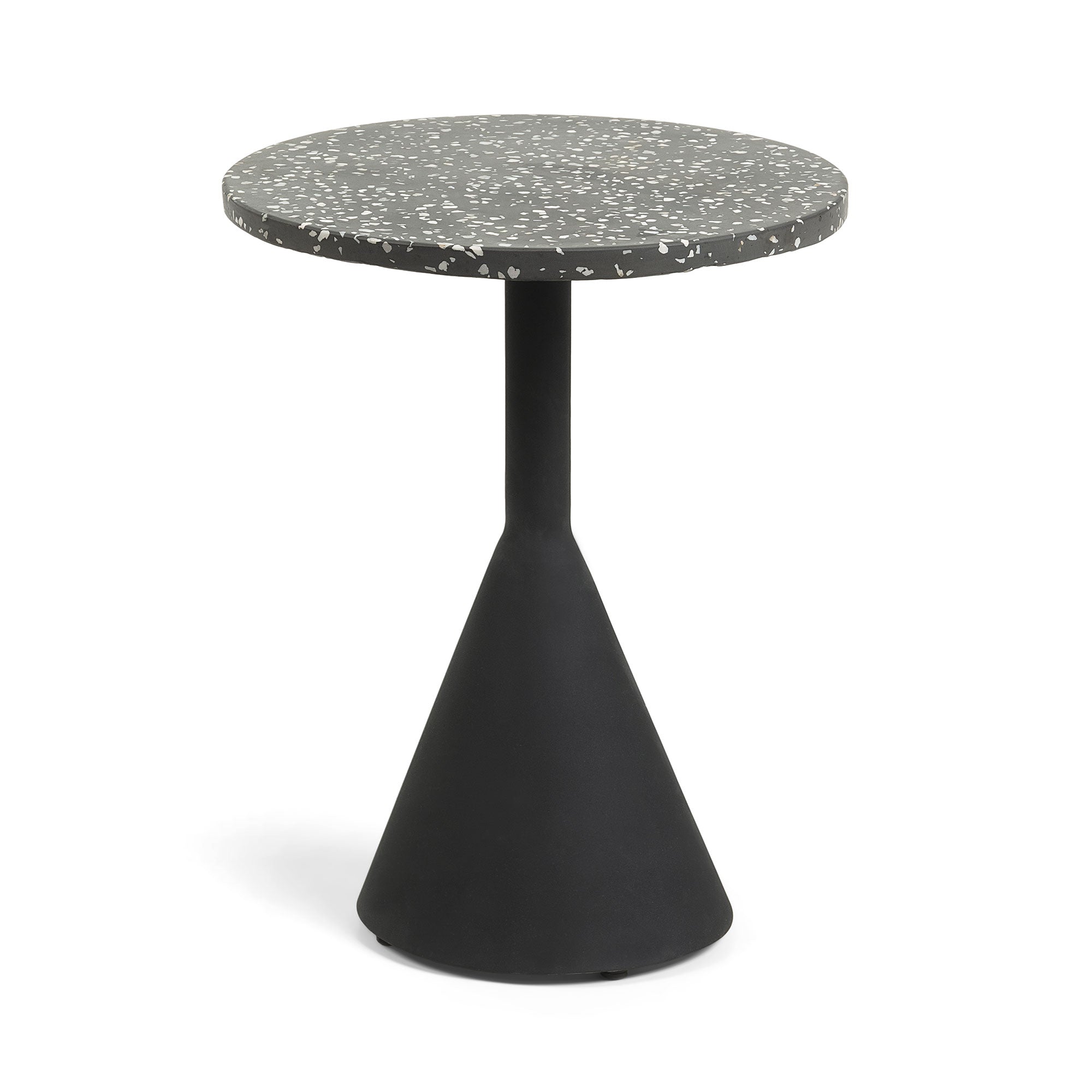 Delano fekete terrazzo kisasztal fekete acéllábakkal, Ø 40 cm, fekete kivitelben