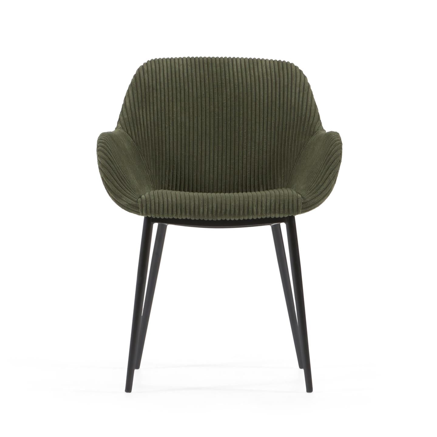Konna szék sötétzöld, széles varrású kordbársonyból acél lábakkal, fekete festett kivitelben.
