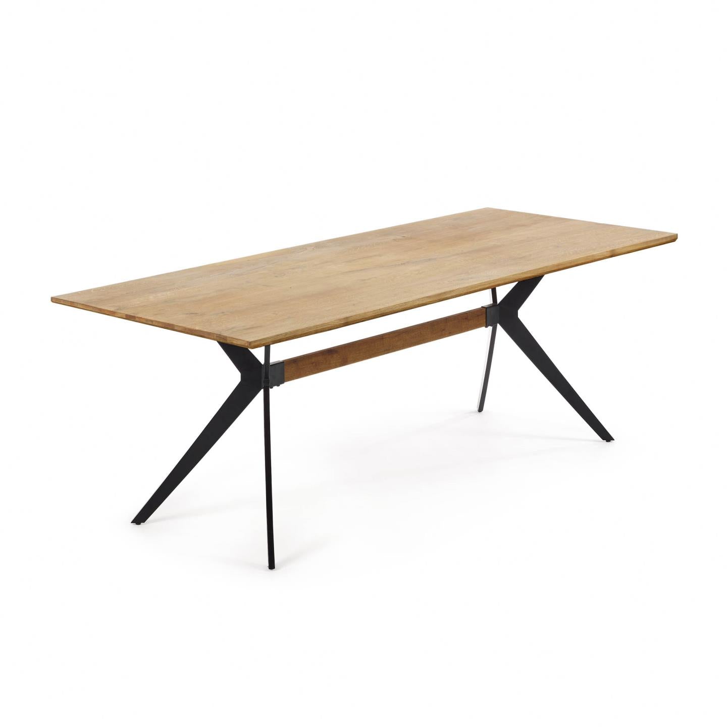 Amethyst tölgyfa furnéros asztal, sérült felületkezeléssel és fekete acél lábakkal, 160 x 90 cm
