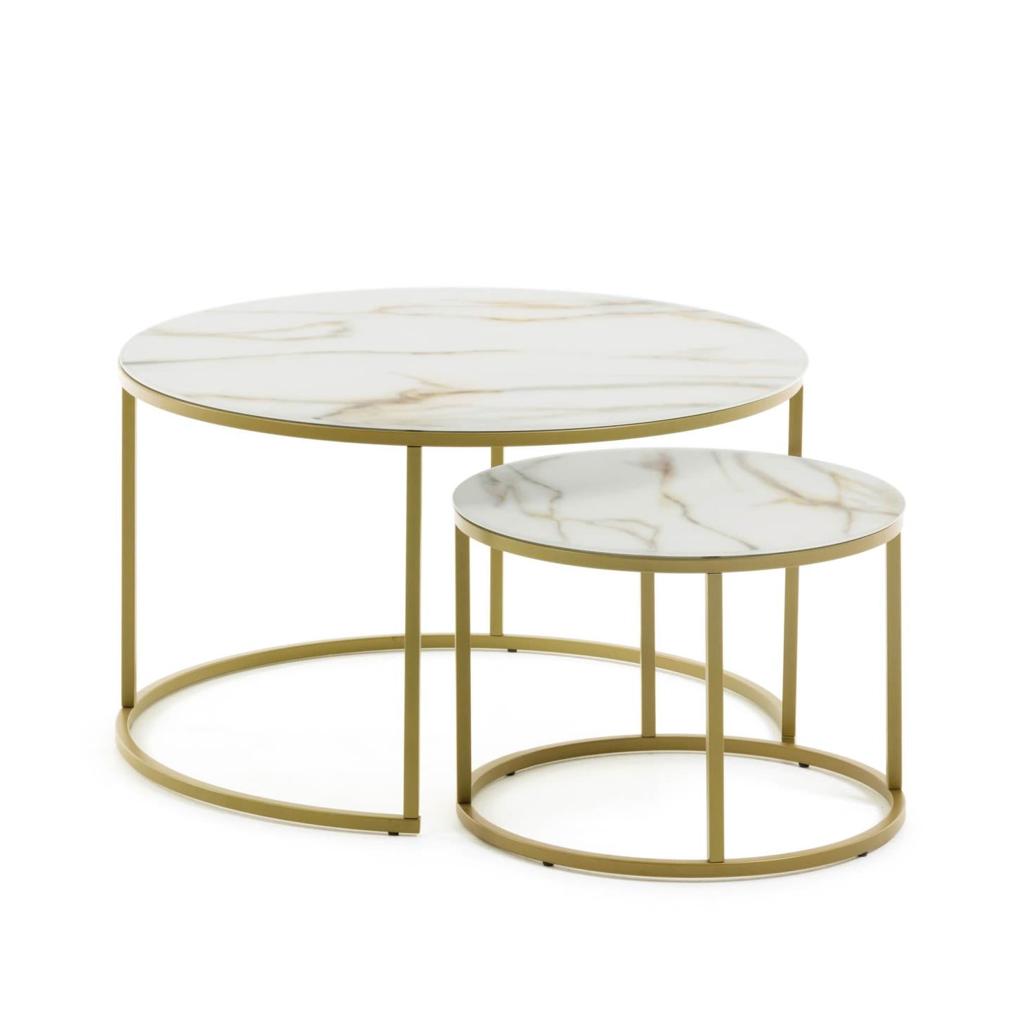 Leonor 2 db üveg kisasztal fehér színben és aranyszínű acélszerkezettel Ø 80 cm / Ø 50 cm