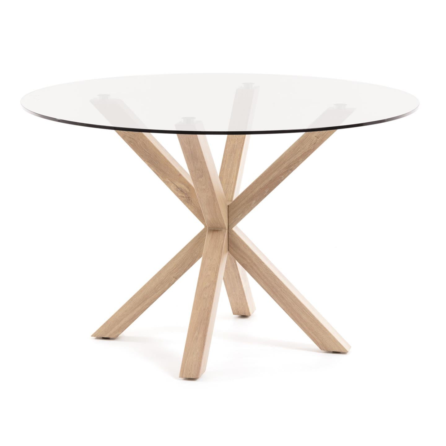 Full Argo round glass table with steel legs with wood-effect finish Ø 119 cm