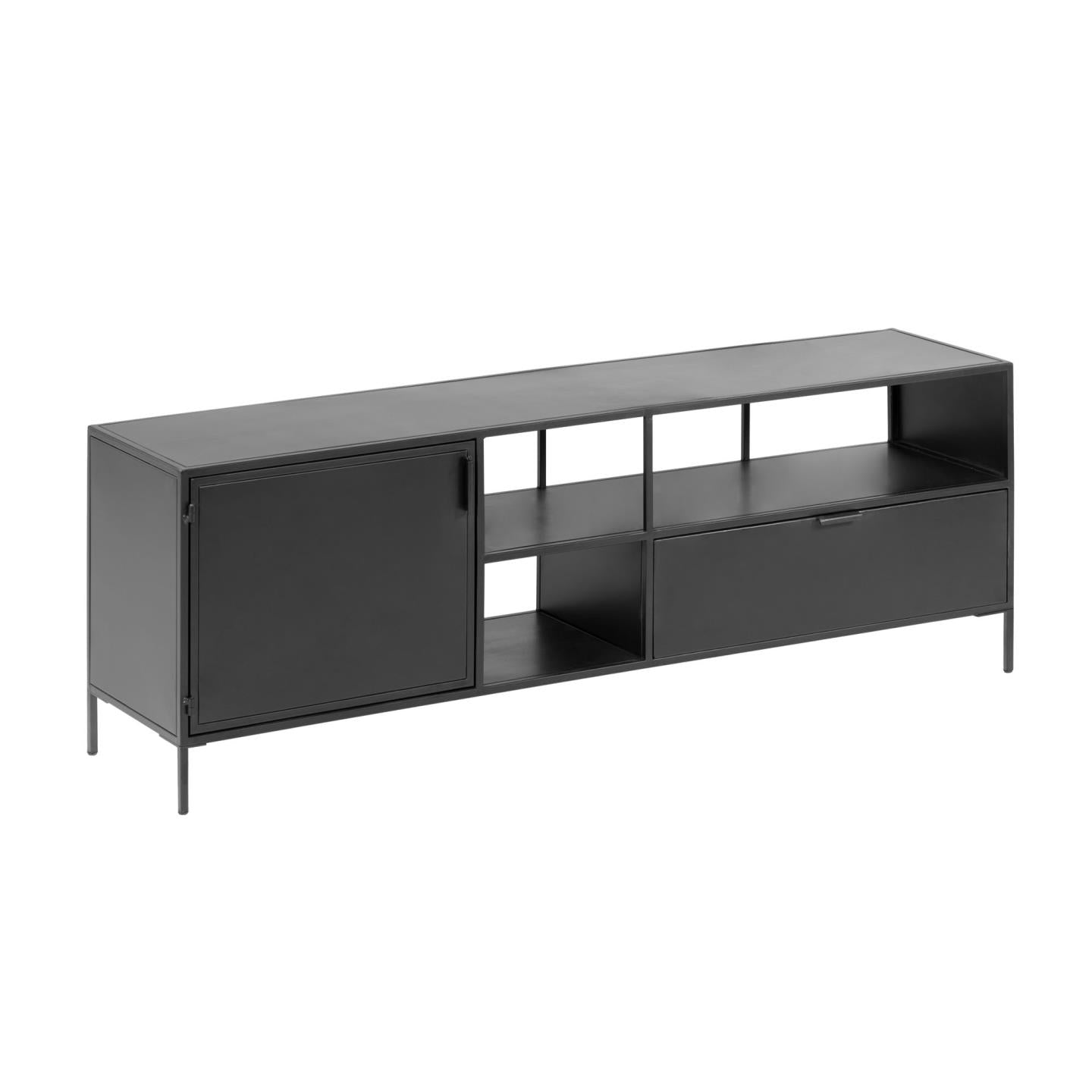Shantay metal TV stand in a painted black finish with 1 door and drawer, 150 x 50 cm
