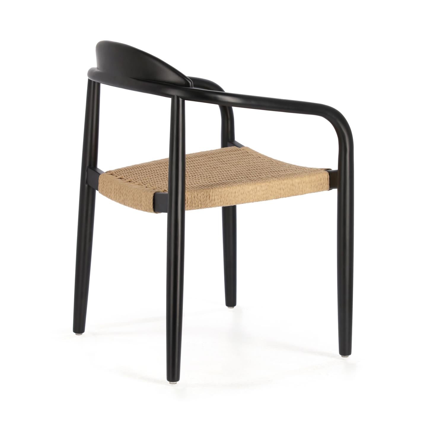 Nina stackable chair in solid acacia wood with black finish and beige paper rope seat