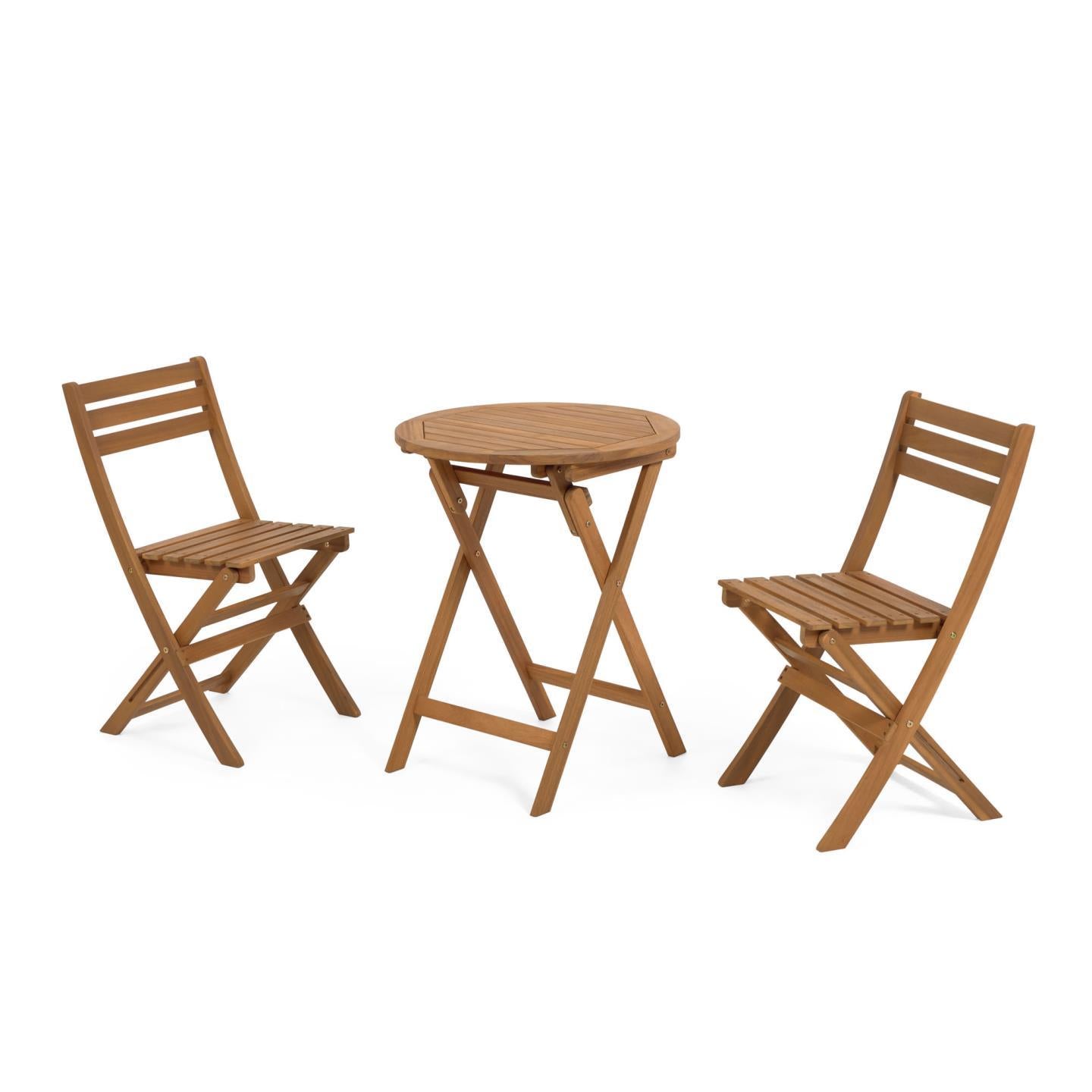 Elisia kerti asztal és két összecsukható szék szett, tömör akácból FSC 100%