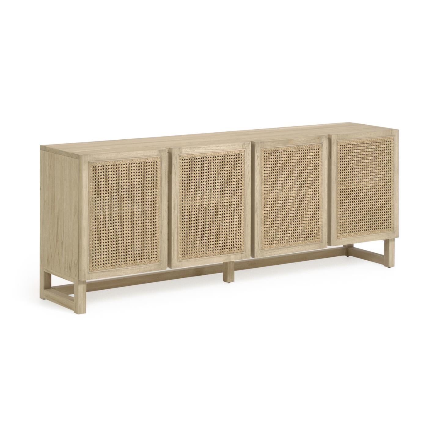 Rexit sideboard with 4 doors in solid and veneer mindi wood with rattan, 180 x 78 cm