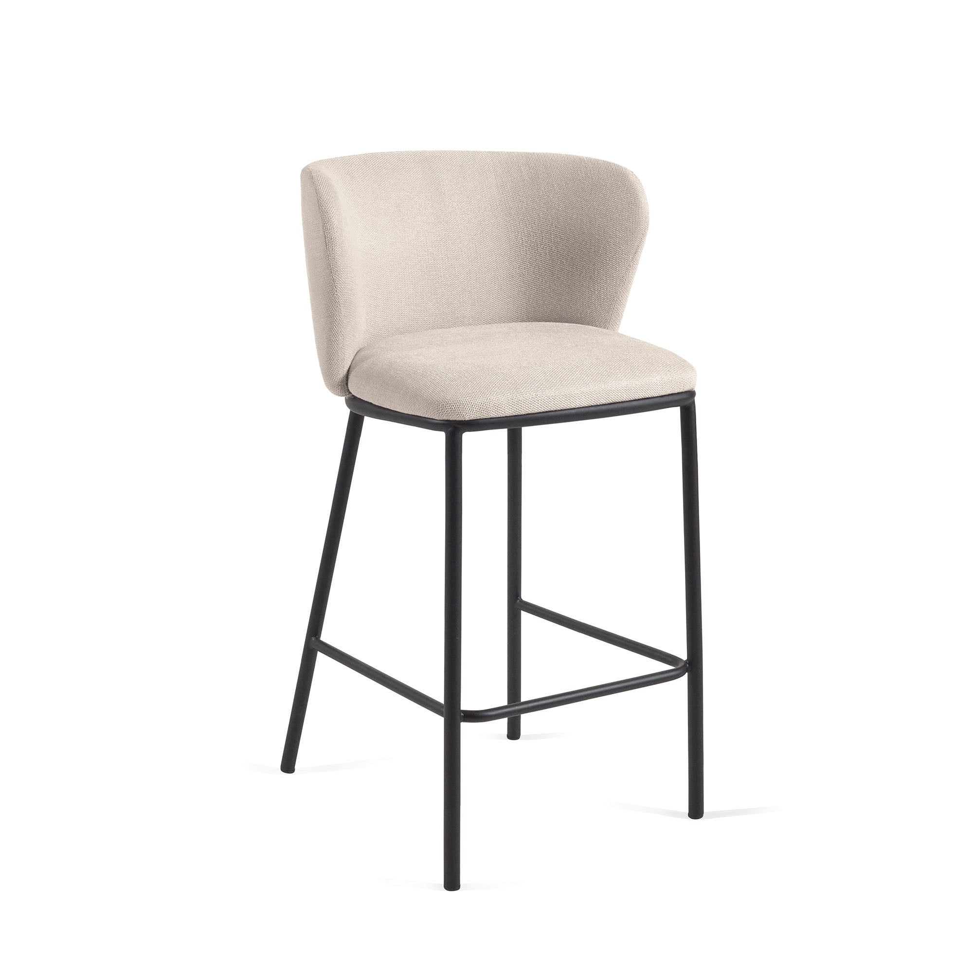 Ciselia stool in beige chenille with steel legs in black finish, 65 cm height