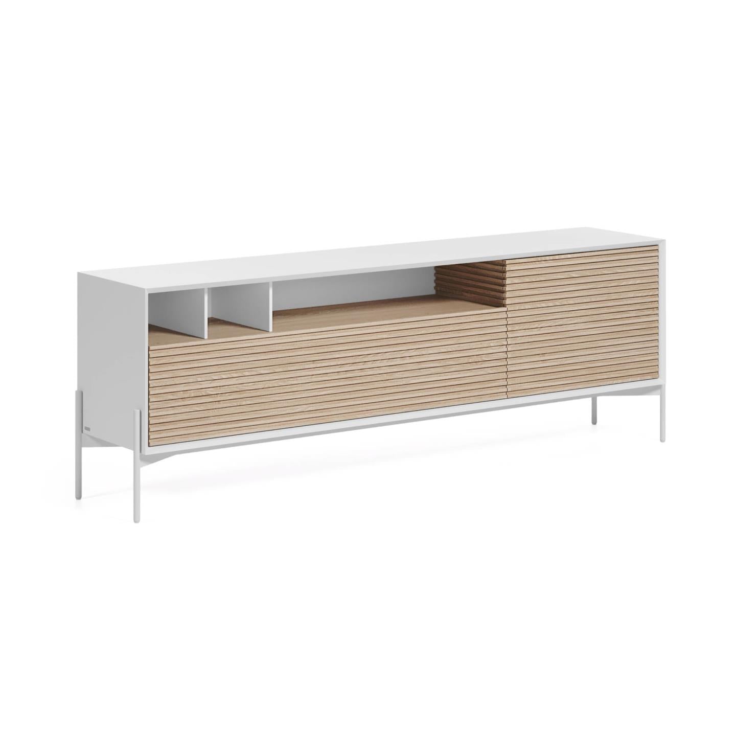 Marielle 2 door TV stand in ash wood veneer with white lacquer & white finish metal, 187 x 63 cm