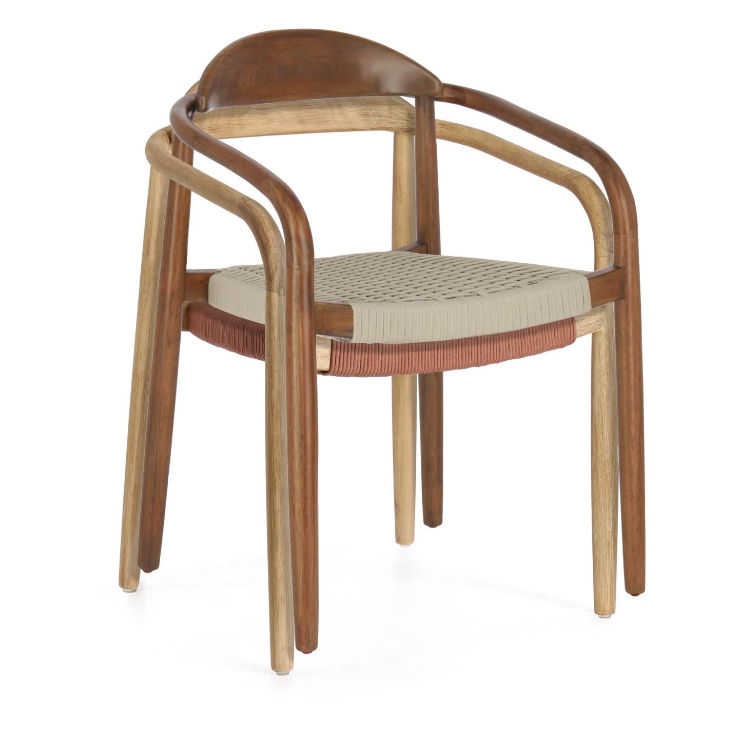 Nina stackable chair in solid acacia wood with walnut finish and beige rope seat
